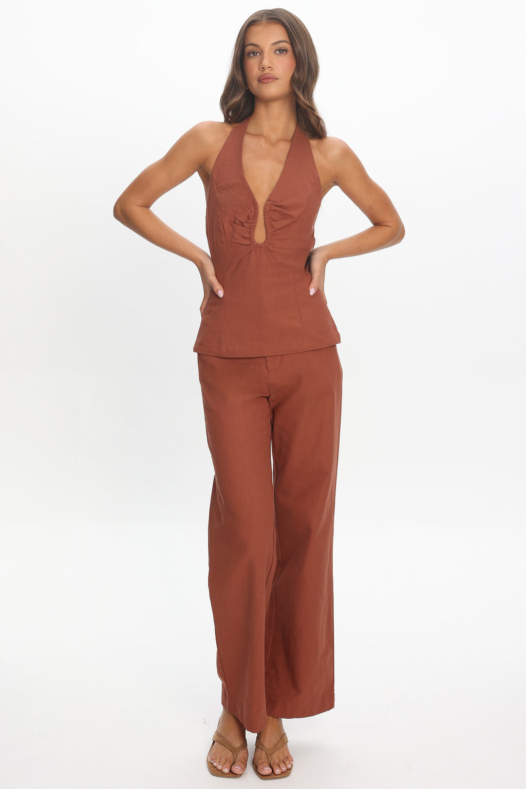 Lioren Unique Neckline Halter Top Chocolate