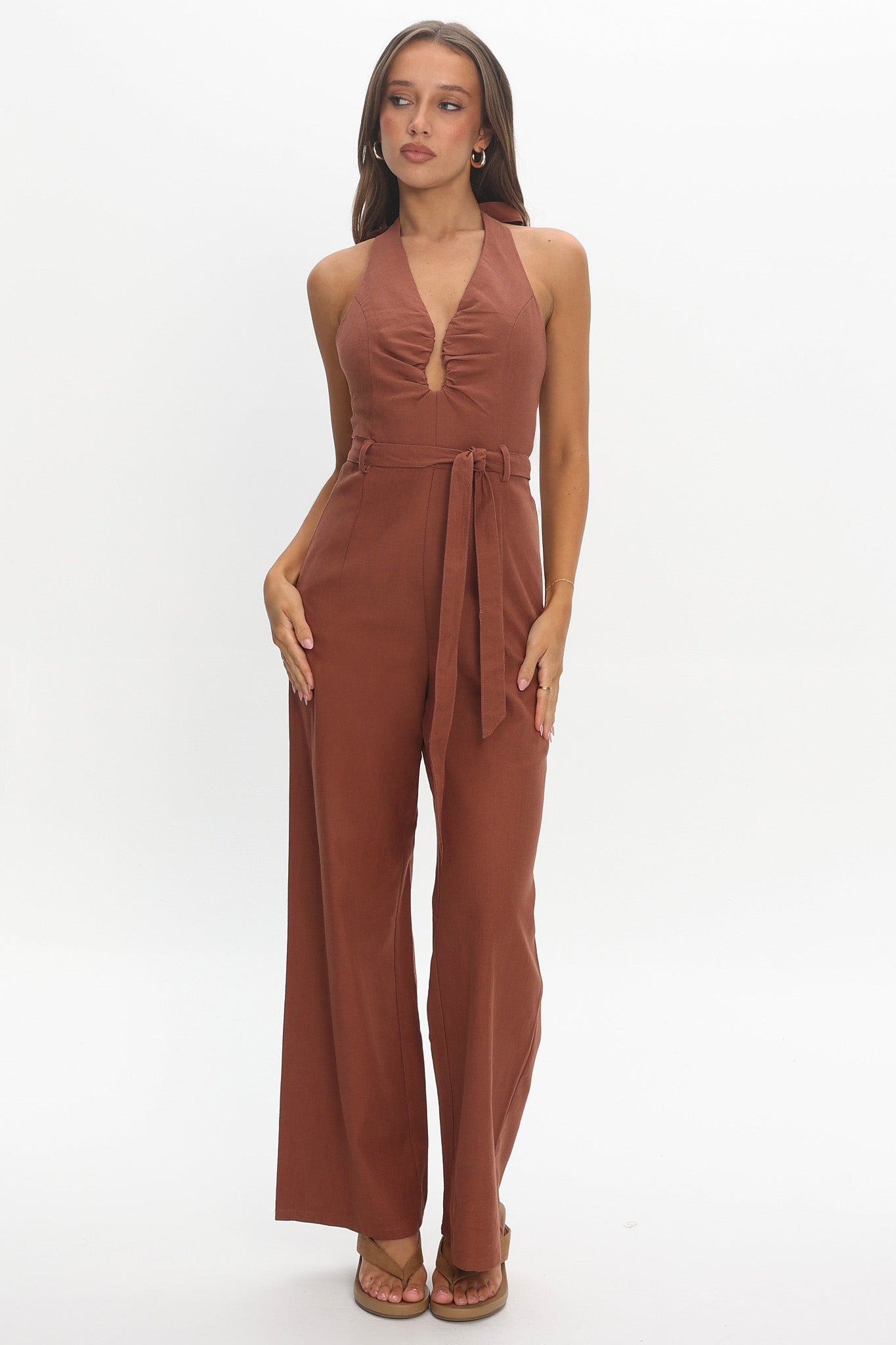 Lioren Plunging Halterneck Jumpsuit Chocolate by Selfie Leslie Australia