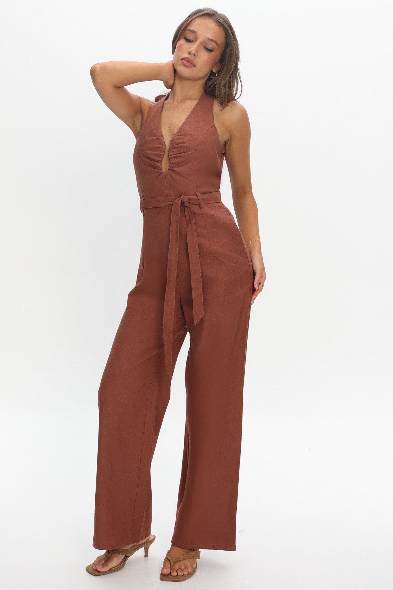 Lioren Plunging Halterneck Jumpsuit Chocolate by Selfie Leslie Australia