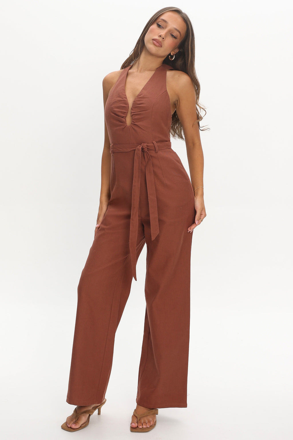 Lioren Plunging Halterneck Jumpsuit Chocolate by Selfie Leslie Australia