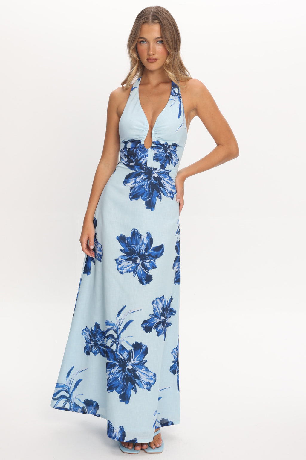 Lioren Plunging Halterneck Maxi Dress Floral Blue