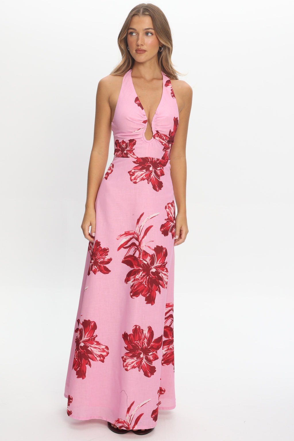 Lioren Plunging Halterneck Maxi Dress Floral Pink by Selfie Leslie Australia