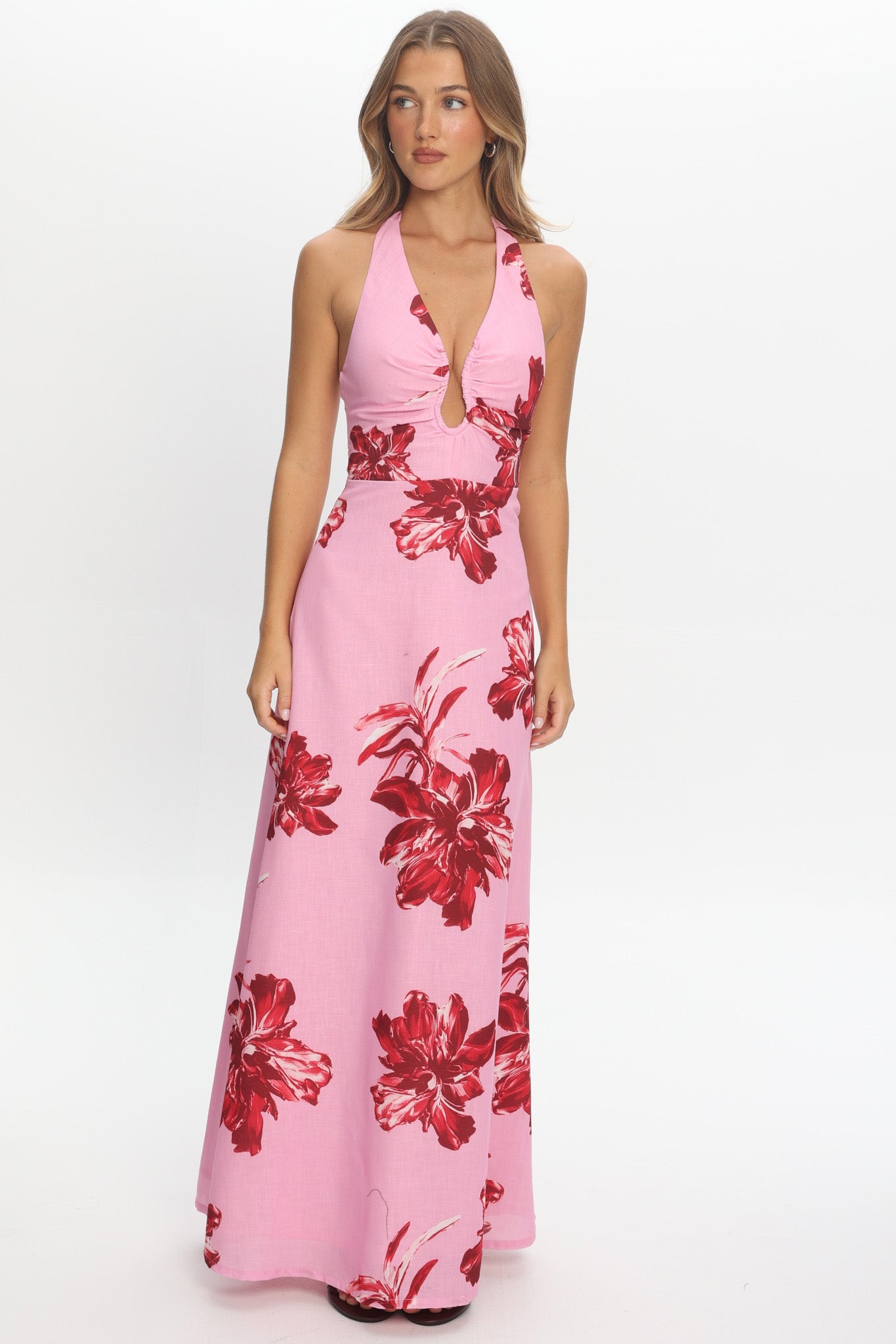 Lioren Plunging Halterneck Maxi Dress Floral Pink by Selfie Leslie Australia