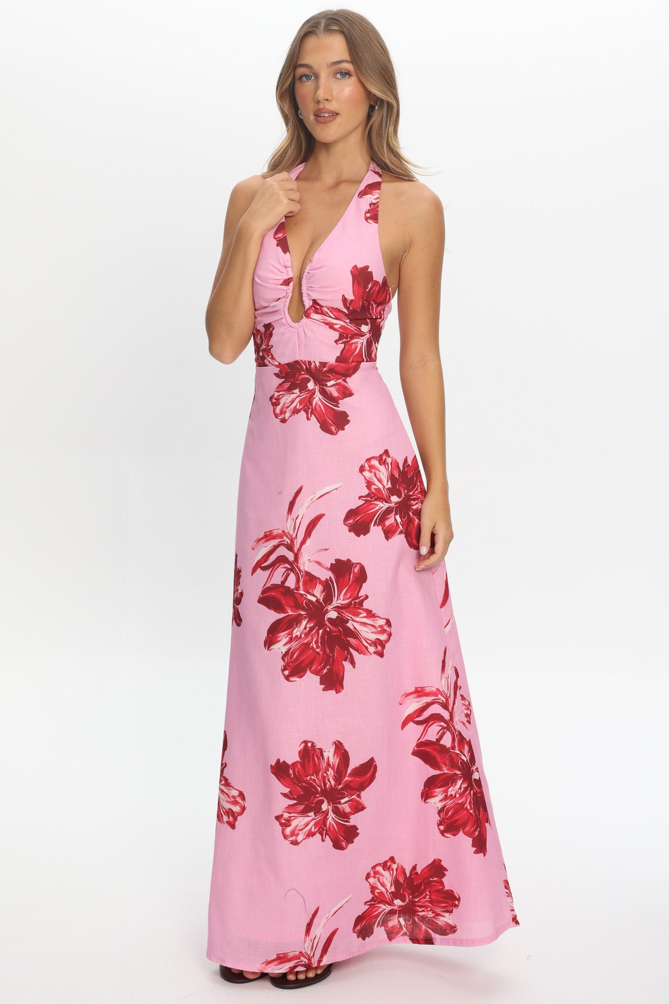 Lioren Plunging Halterneck Maxi Dress Floral Pink by Selfie Leslie Australia