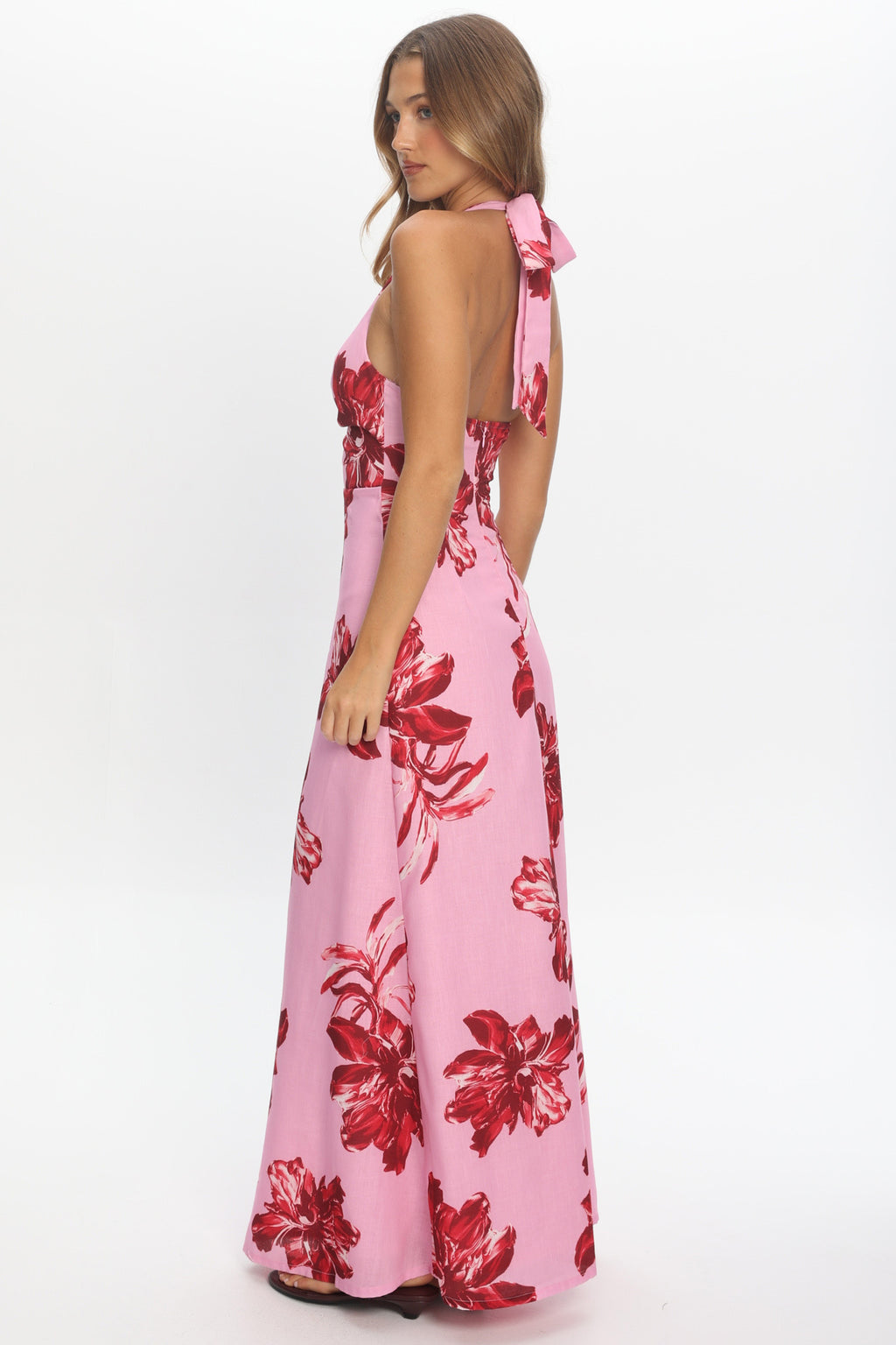 Lioren Plunging Halterneck Maxi Dress Floral Pink by Selfie Leslie Australia