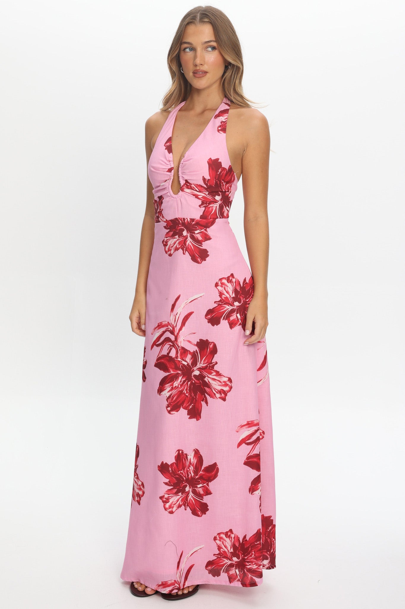 Lioren Plunging Halterneck Maxi Dress Floral Pink by Selfie Leslie Australia