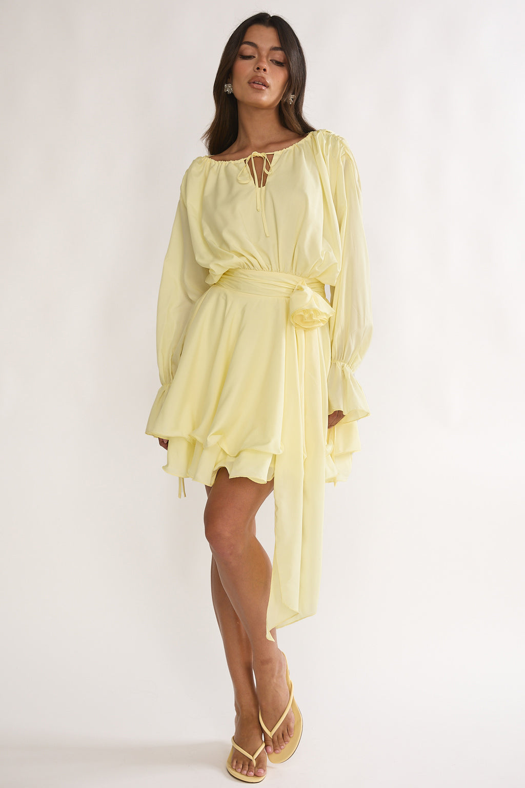 Maeva Long Balloon Sleeve Rosette Mini Dress Lemon by Selfie Leslie Australia