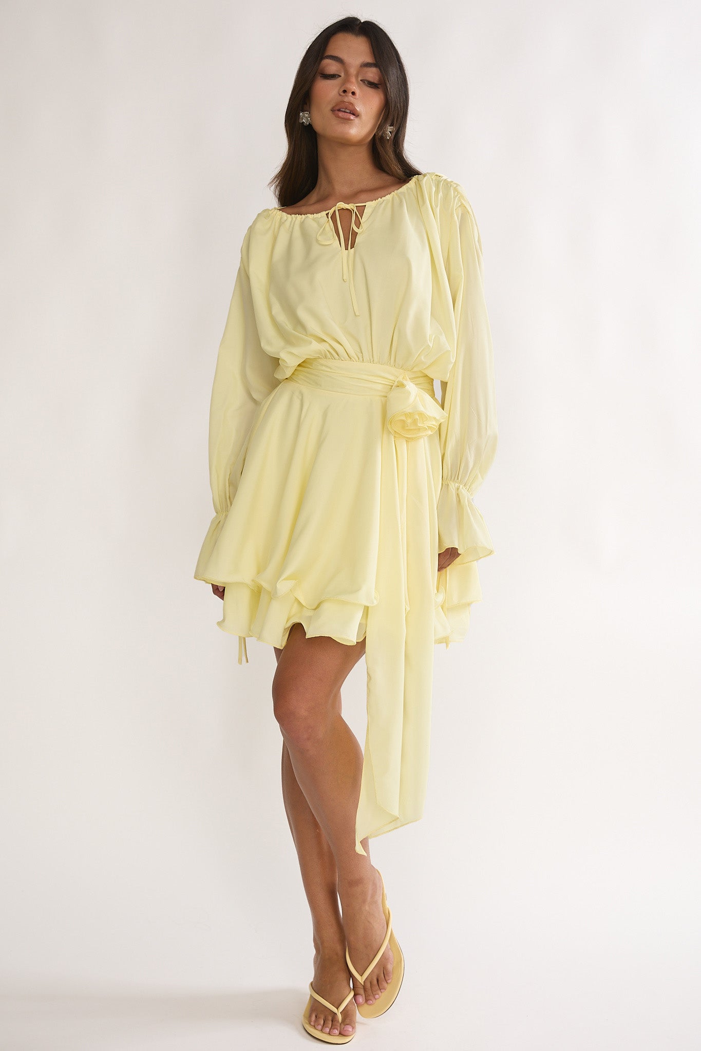Maeva Long Balloon Sleeve Rosette Mini Dress Lemon by Selfie Leslie Australia