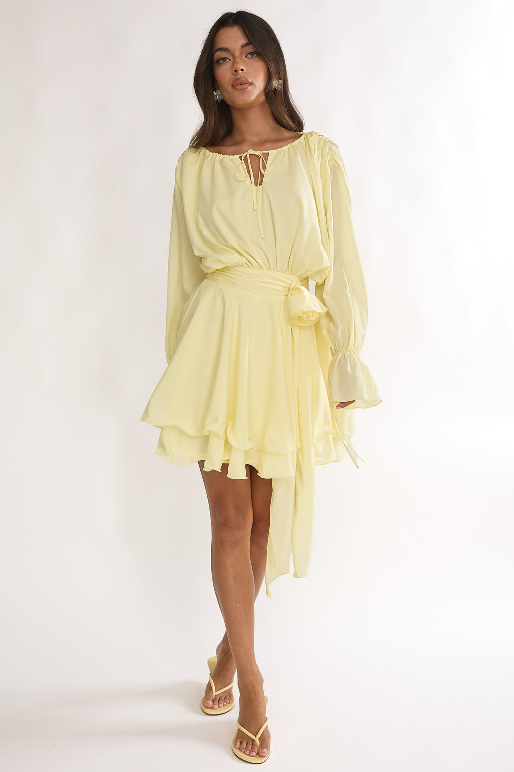 Maeva Long Balloon Sleeve Rosette Mini Dress Lemon by Selfie Leslie Australia