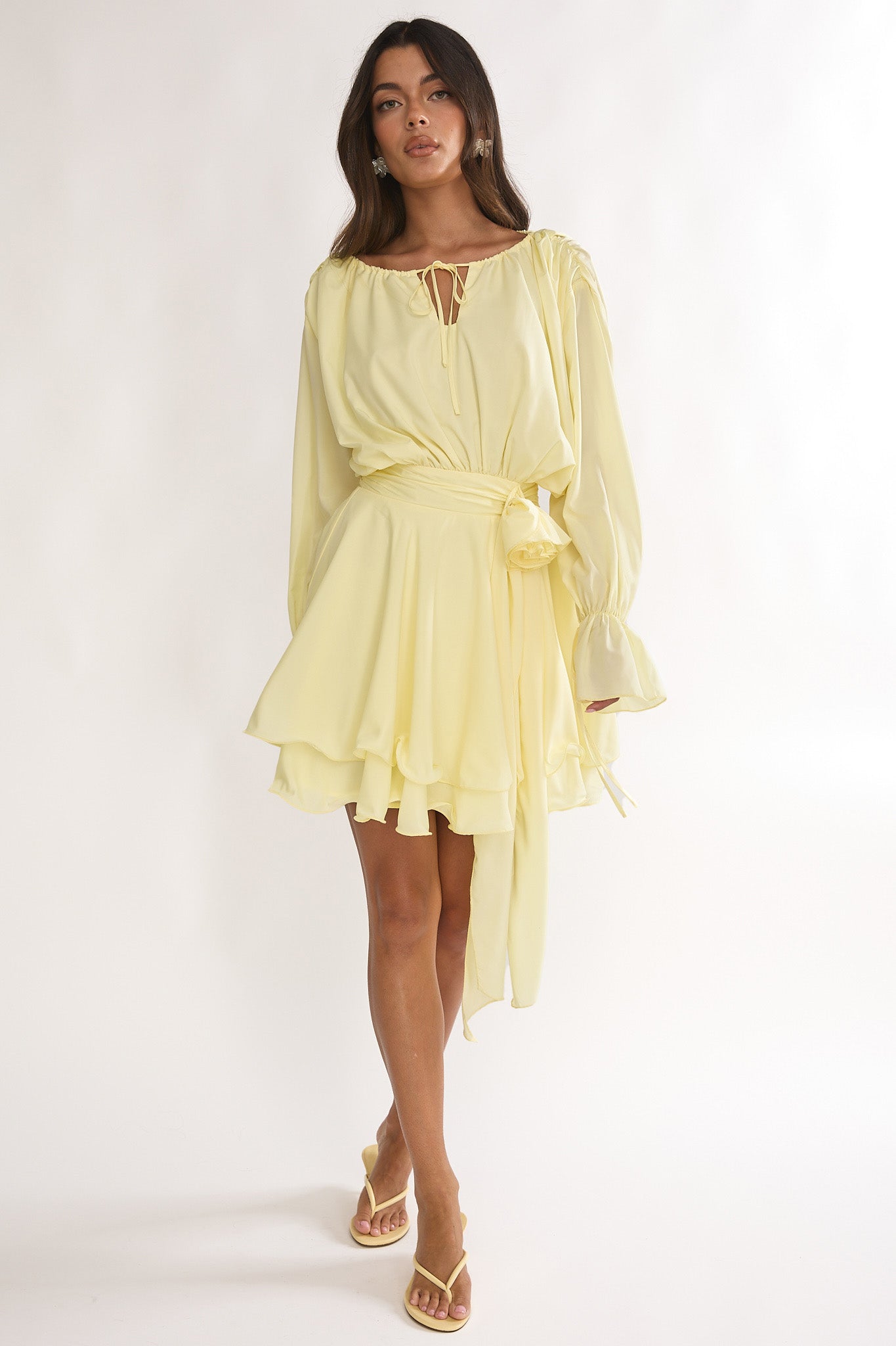 Maeva Long Balloon Sleeve Rosette Mini Dress Lemon by Selfie Leslie Australia
