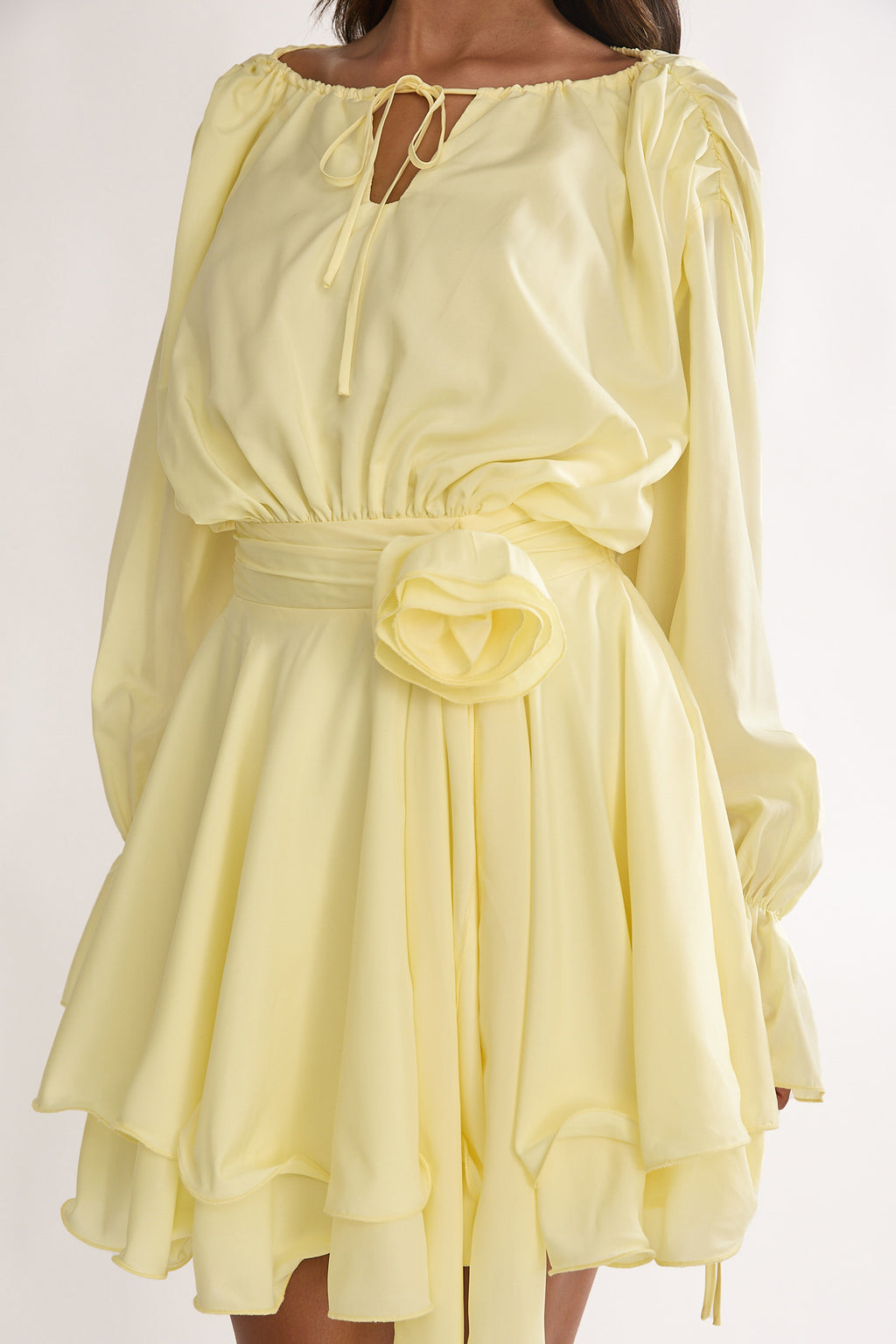Maeva Long Balloon Sleeve Rosette Mini Dress Lemon by Selfie Leslie Australia