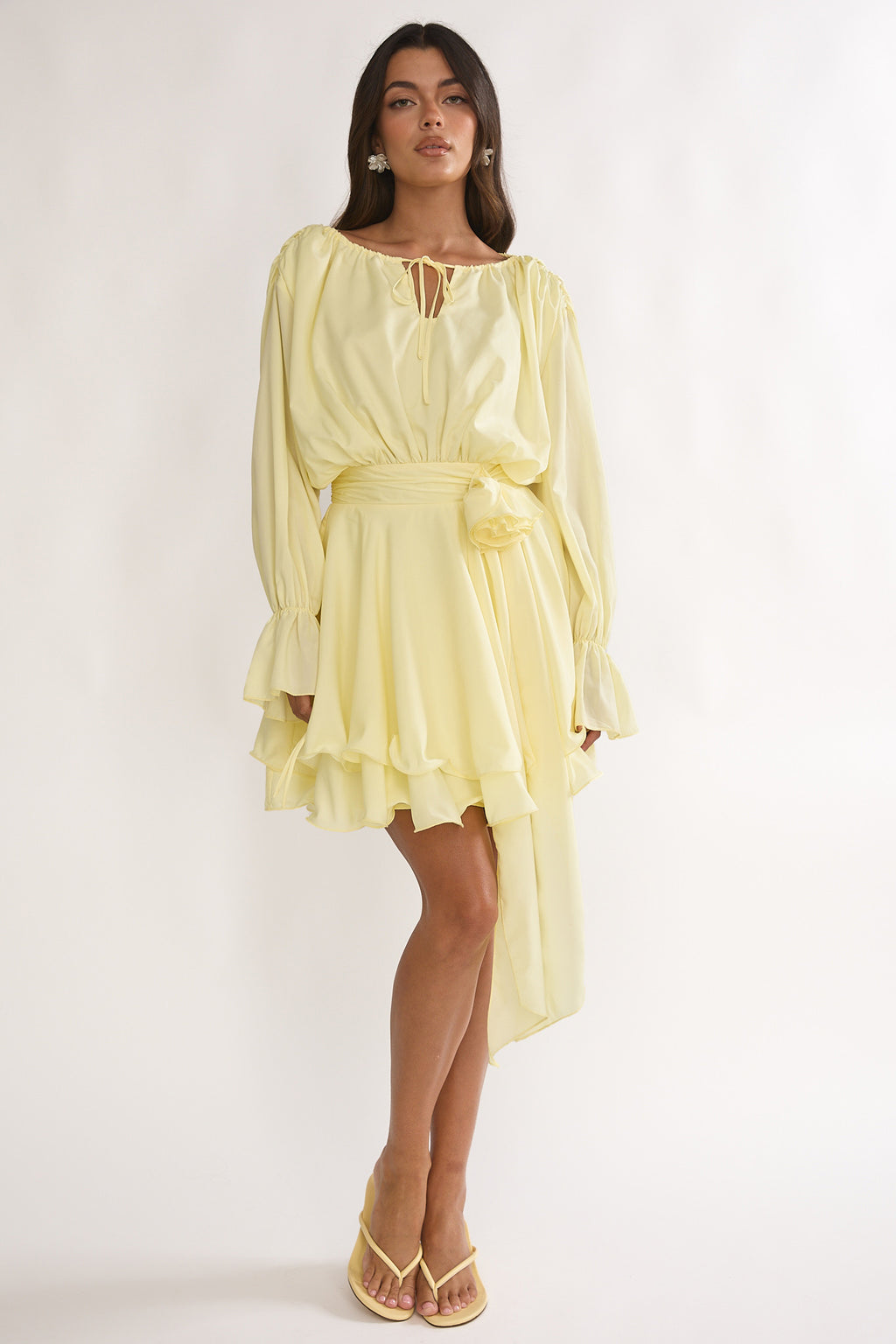 Maeva Long Balloon Sleeve Rosette Mini Dress Lemon by Selfie Leslie Australia