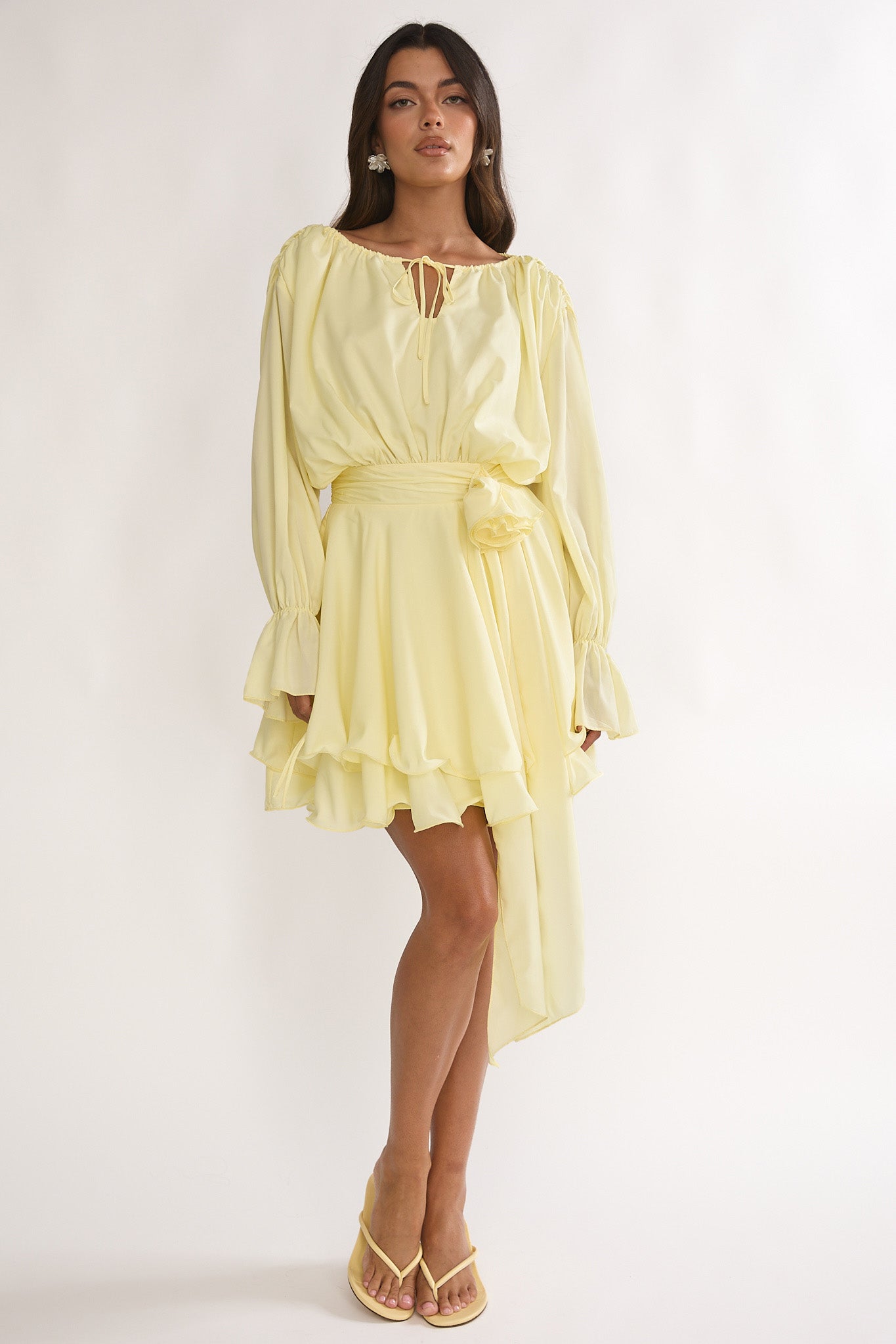 Maeva Long Balloon Sleeve Rosette Mini Dress Lemon by Selfie Leslie Australia
