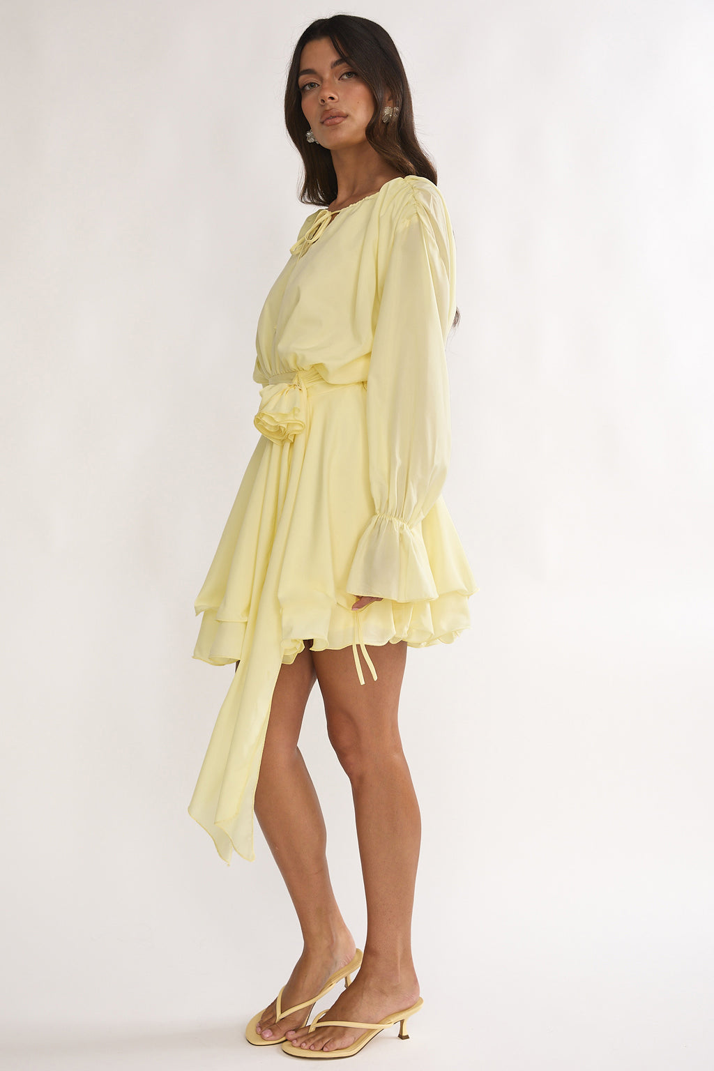 Maeva Long Balloon Sleeve Rosette Mini Dress Lemon by Selfie Leslie Australia