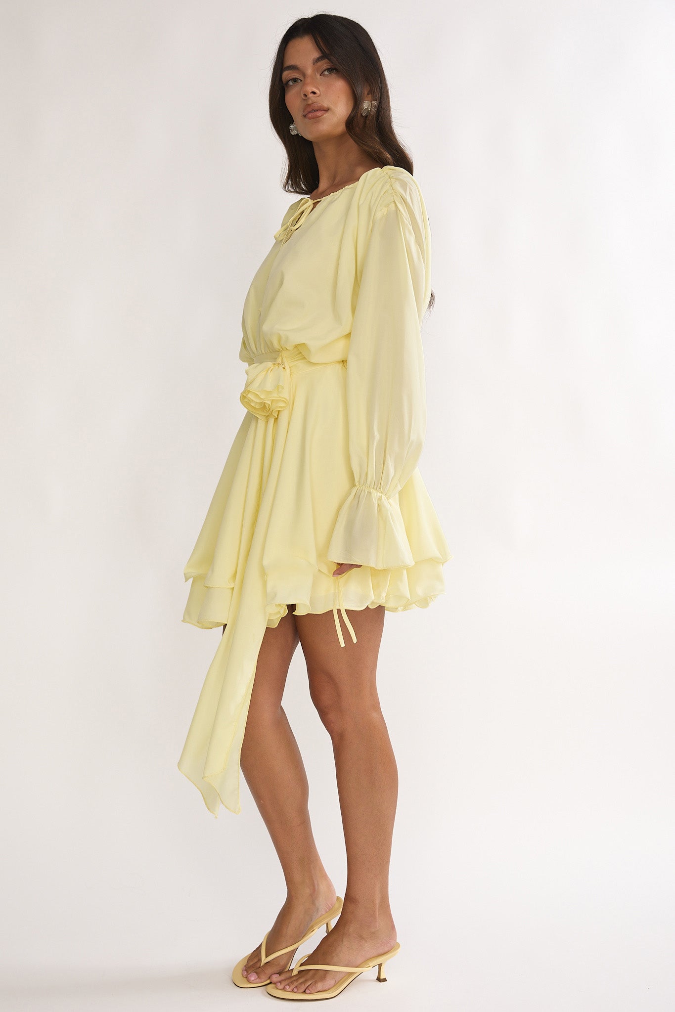 Maeva Long Balloon Sleeve Rosette Mini Dress Lemon by Selfie Leslie Australia