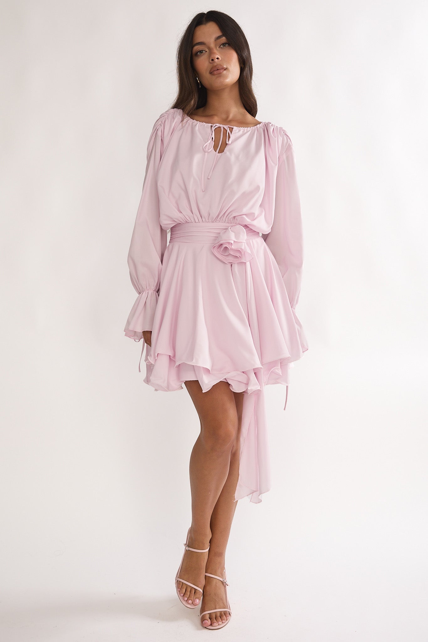 Maeva Long Balloon Sleeve Rosette Mini Dress Baby Pink by Selfie Leslie Australia