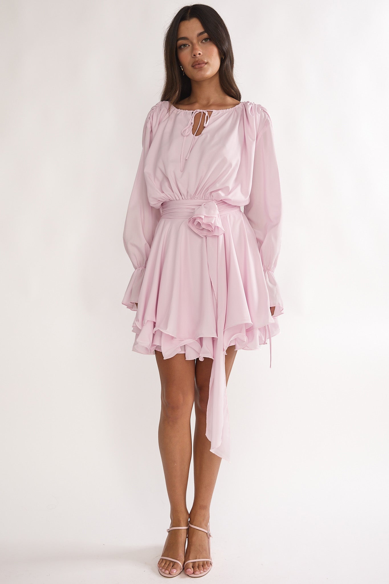 Maeva Long Balloon Sleeve Rosette Mini Dress Baby Pink by Selfie Leslie Australia