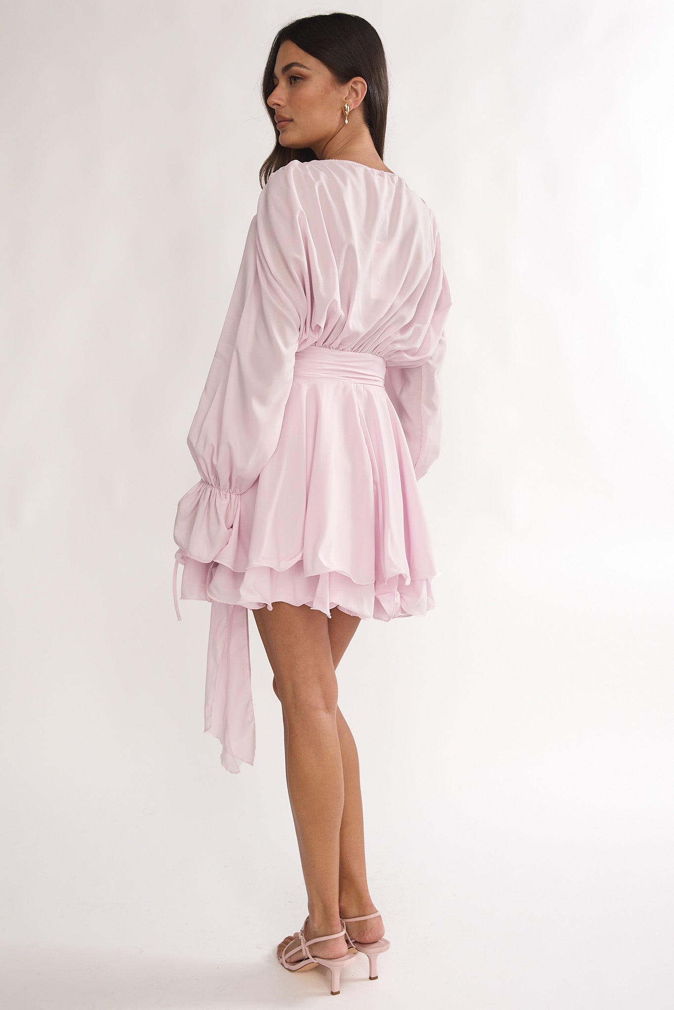 Maeva Long Balloon Sleeve Rosette Mini Dress Baby Pink by Selfie Leslie Australia