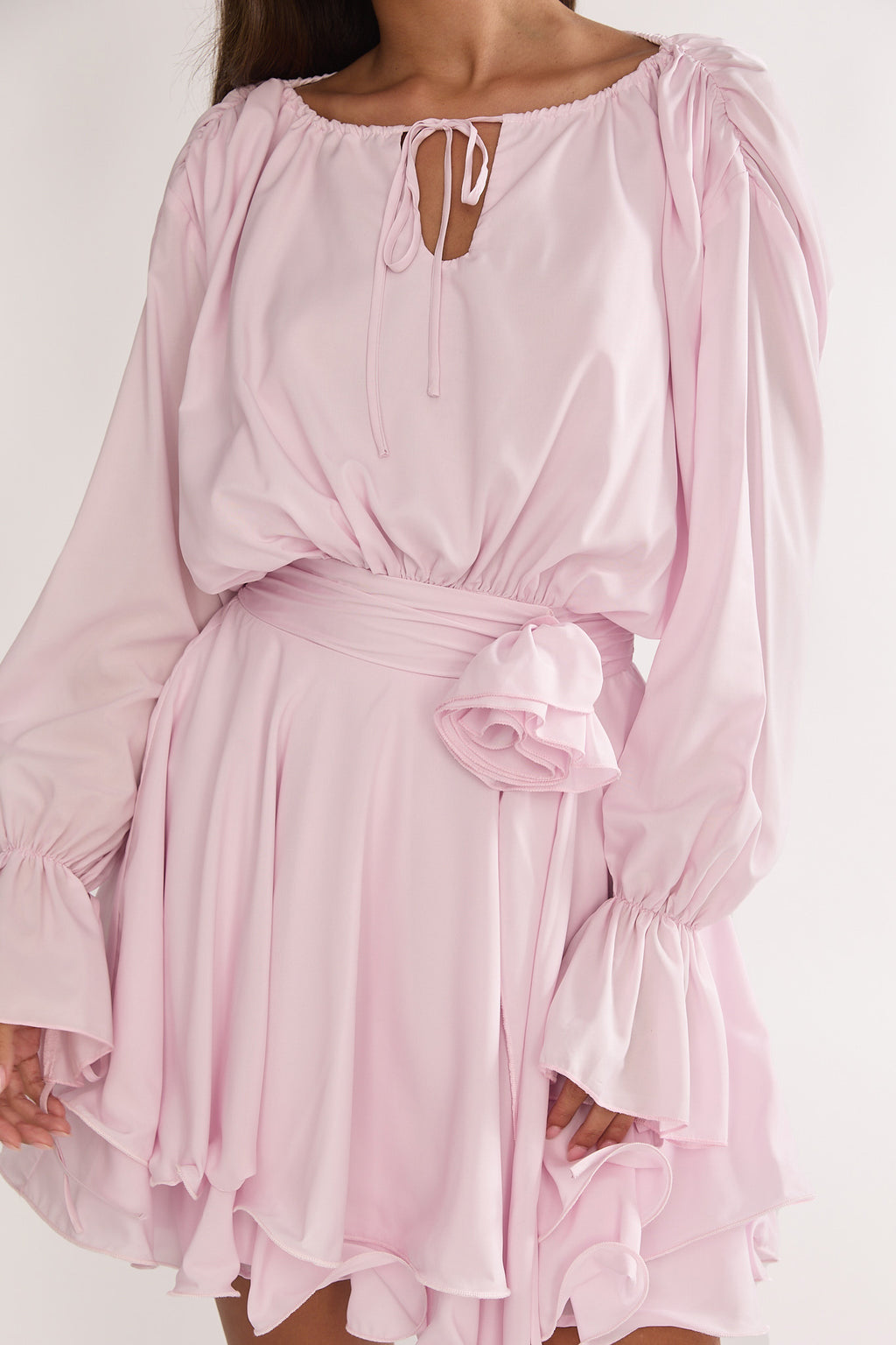 Maeva Long Balloon Sleeve Rosette Mini Dress Baby Pink by Selfie Leslie Australia