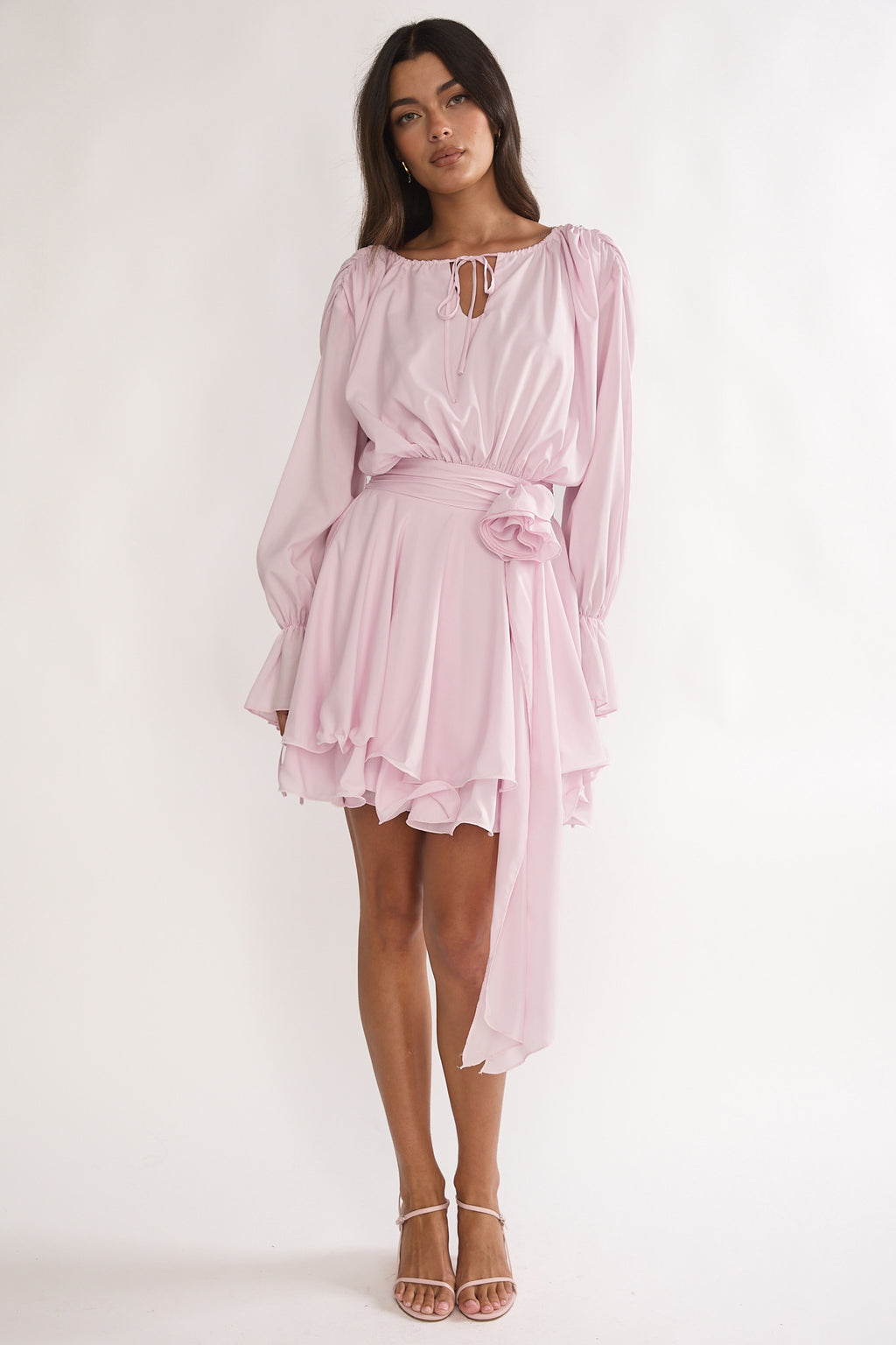 Maeva Long Balloon Sleeve Rosette Mini Dress Baby Pink by Selfie Leslie Australia