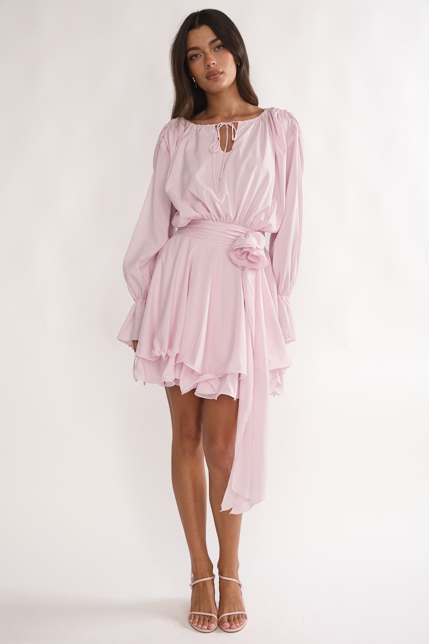 Maeva Long Balloon Sleeve Rosette Mini Dress Baby Pink by Selfie Leslie Australia