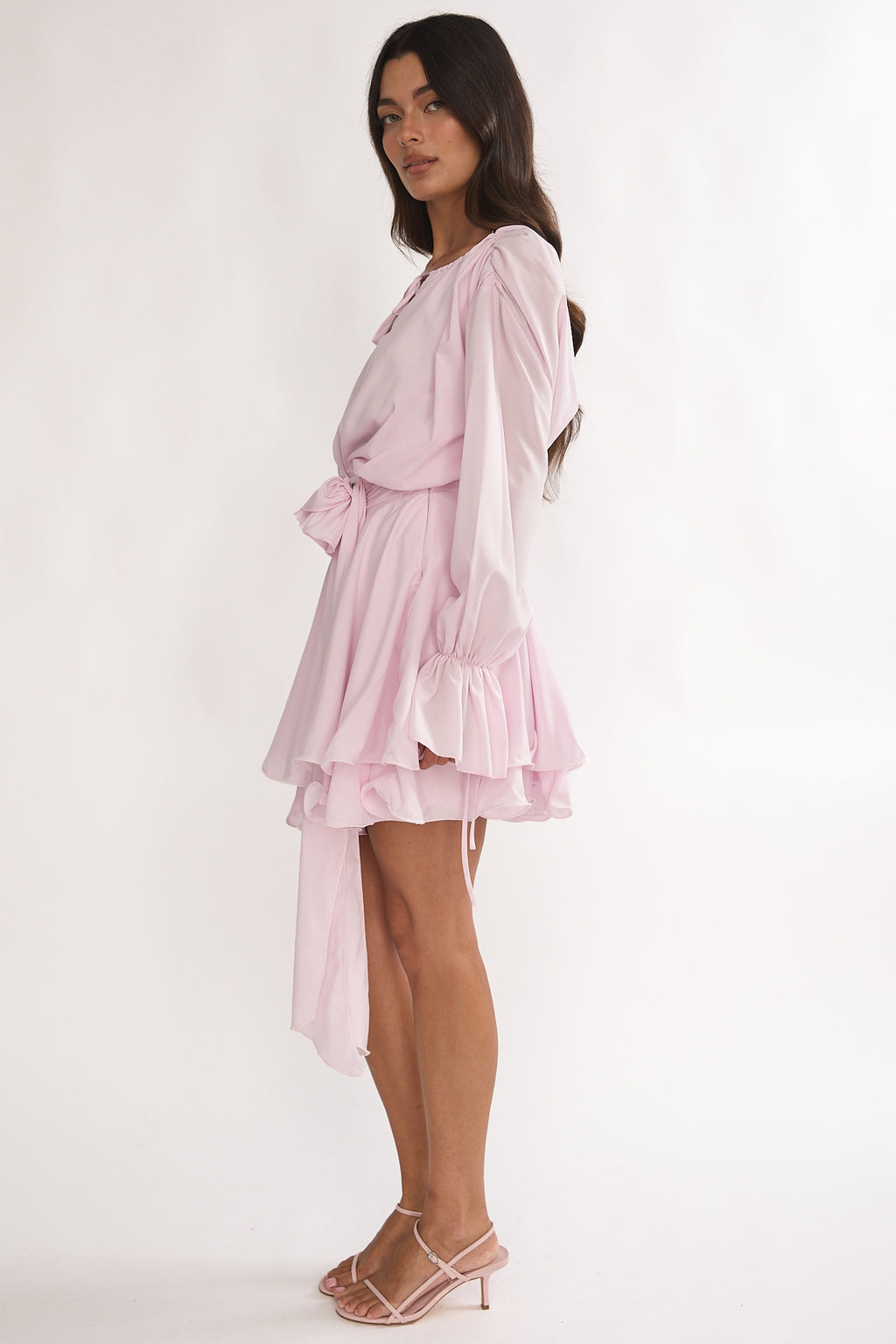 Maeva Long Balloon Sleeve Rosette Mini Dress Baby Pink by Selfie Leslie Australia