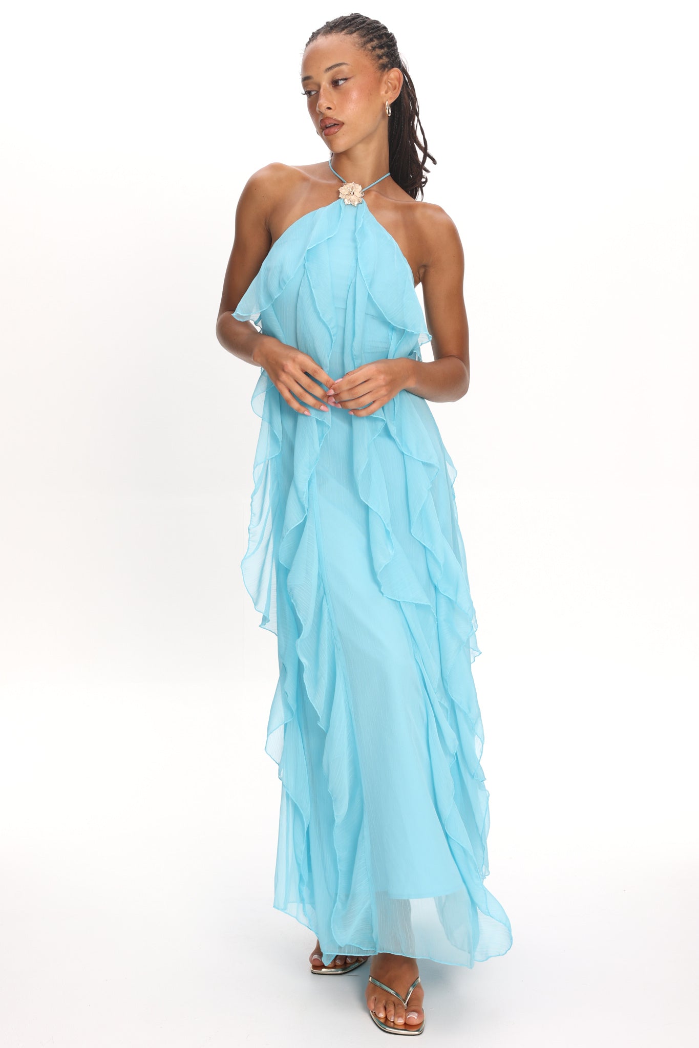 Cici Halterneck Ruffle Maxi Dress Aqua by Selfie Leslie Australia
