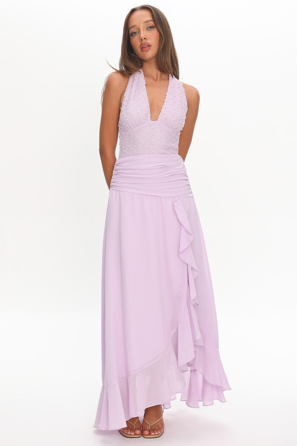 Luella Textured Halter Split Maxi Dress Lilac by Selfie Leslie Australia