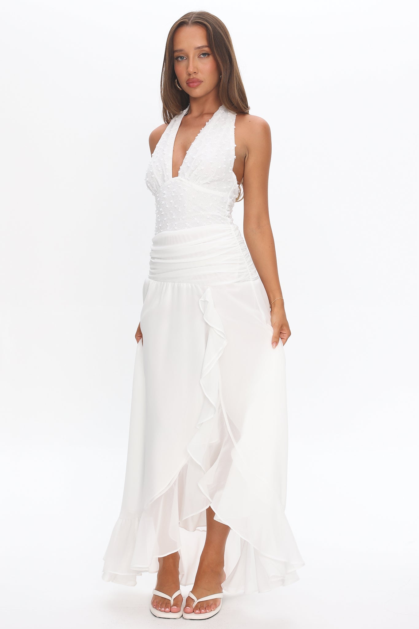 Luella Textured Halter Split Maxi Dress White by Selfie Leslie Australia