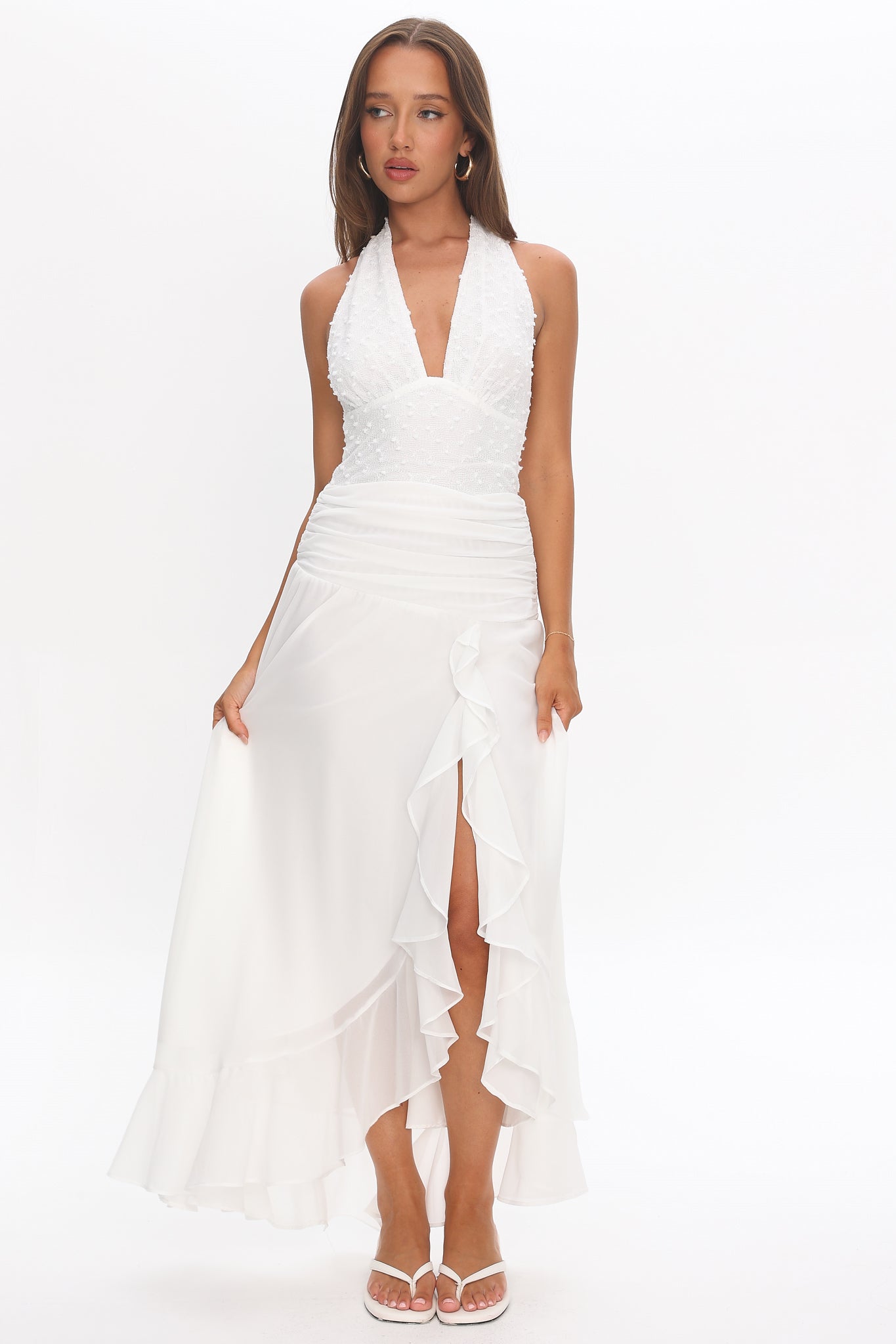 Luella Textured Halter Split Maxi Dress White by Selfie Leslie Australia