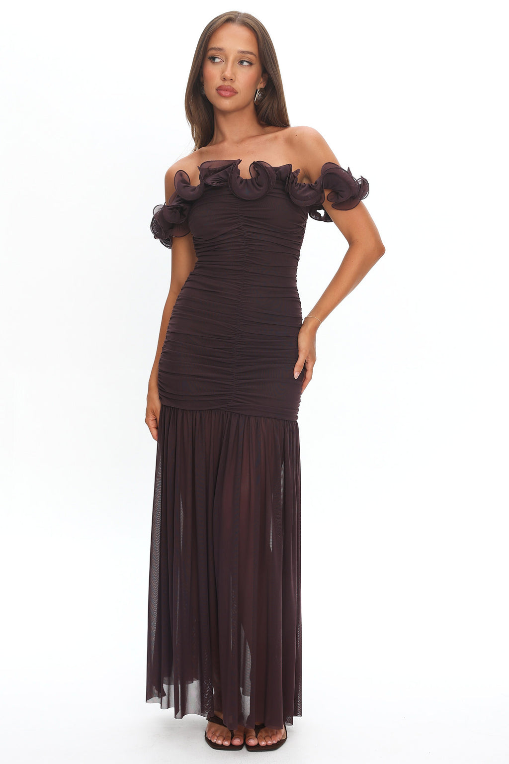 Bluebell Off-Shoulder Ruched Maxi Dress Chocolate by Selfie Leslie Australia