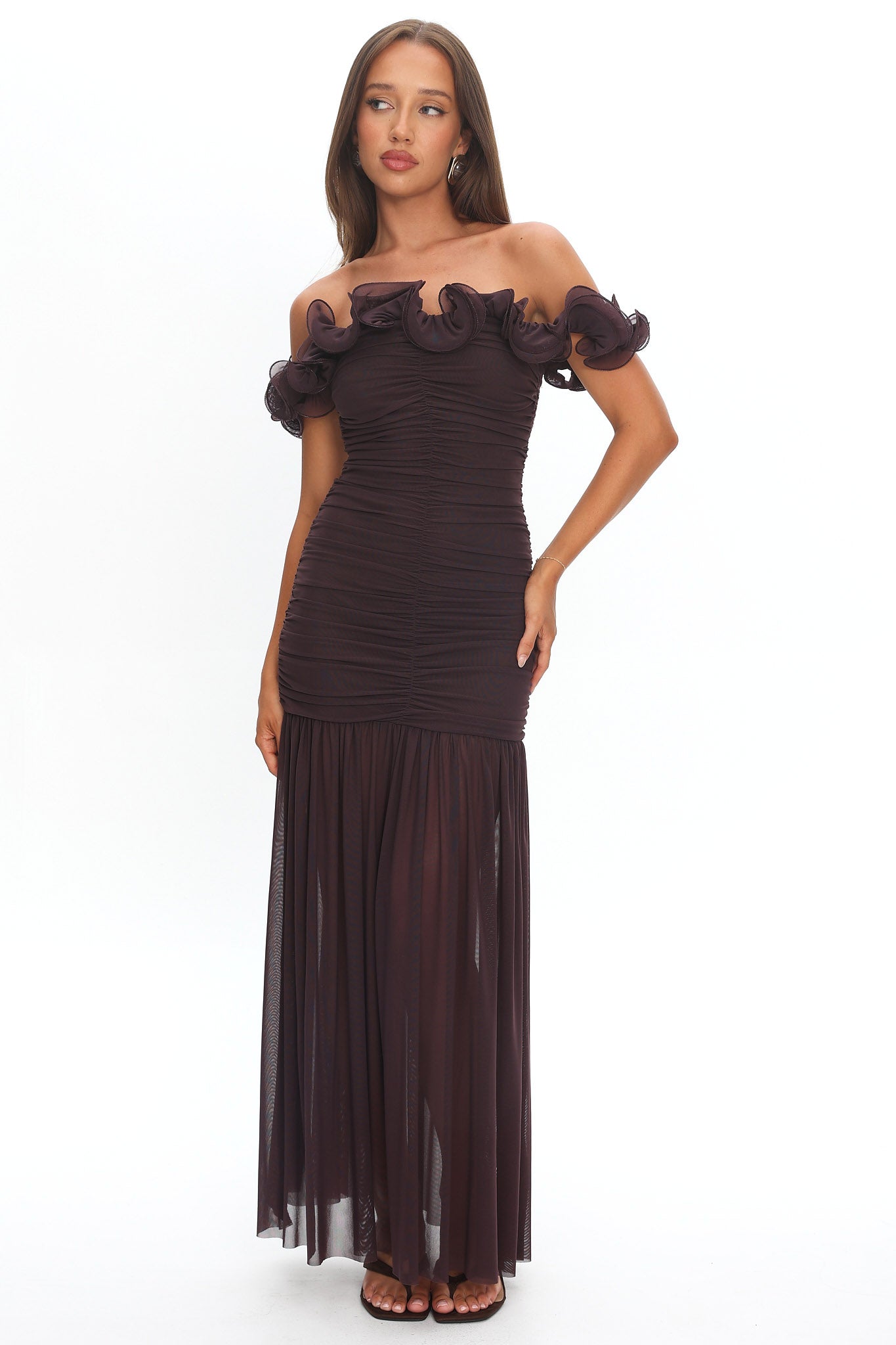 Bluebell Off-Shoulder Ruched Maxi Dress Chocolate by Selfie Leslie Australia