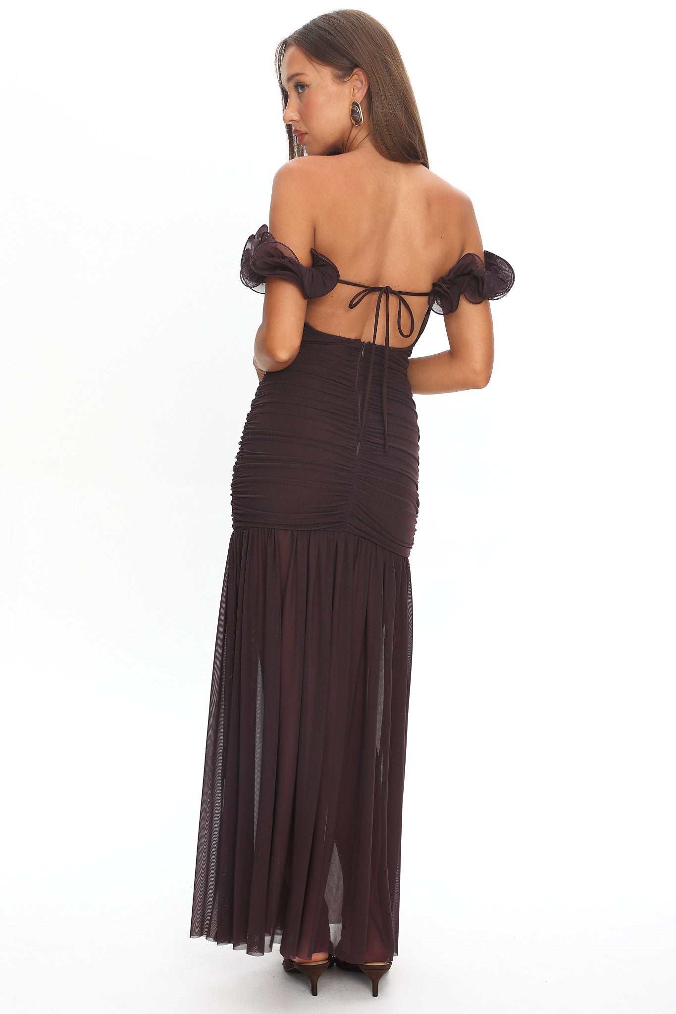 Bluebell Off-Shoulder Ruched Maxi Dress Chocolate by Selfie Leslie Australia