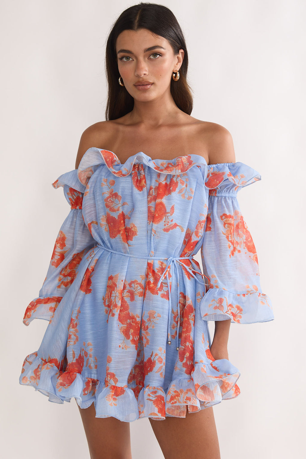 Telora Off-Shoulder Ruffle Mini Dress Floral Blue by Selfie Leslie Australia