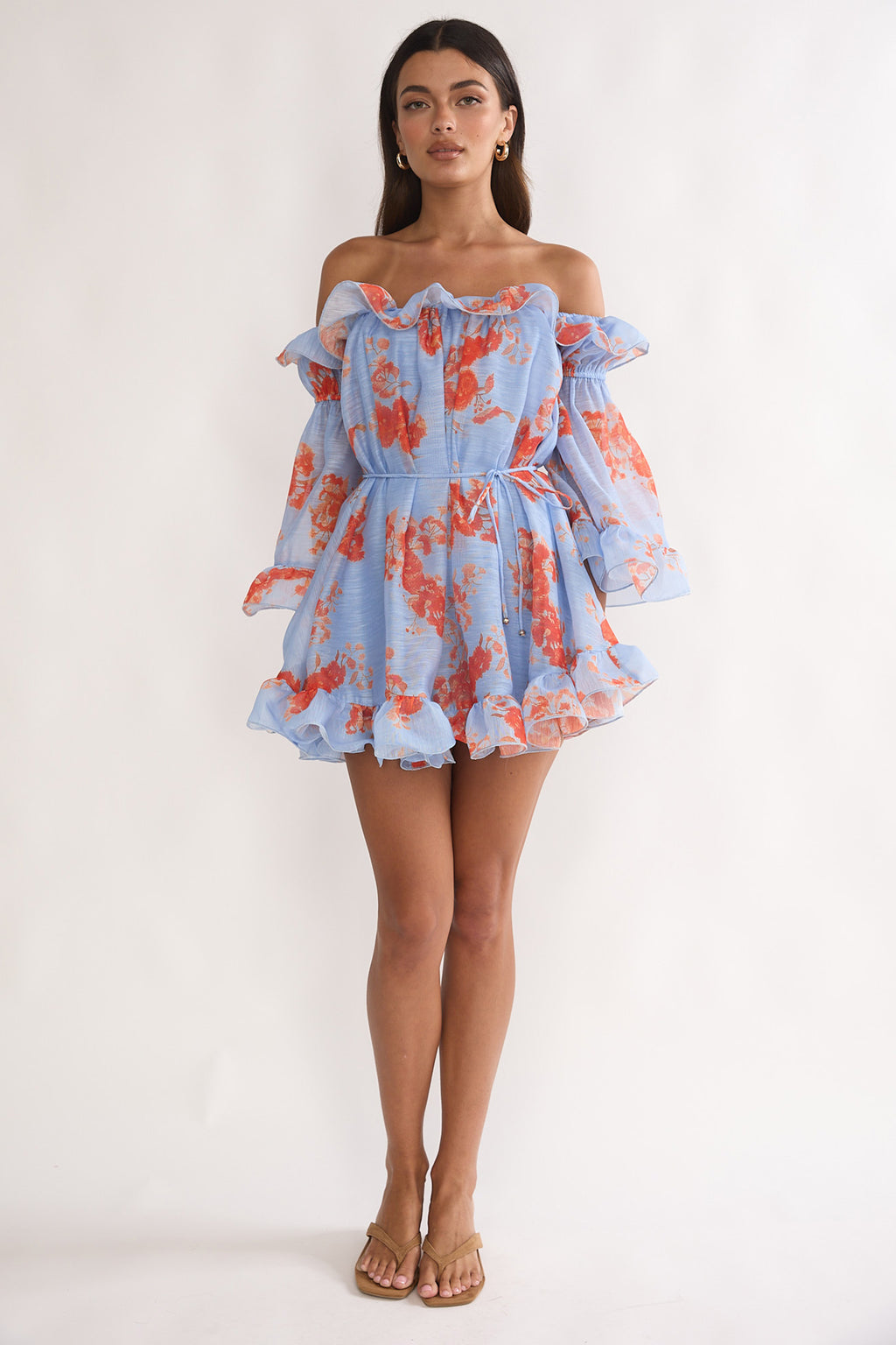 Telora Off-Shoulder Ruffle Mini Dress Floral Blue by Selfie Leslie Australia