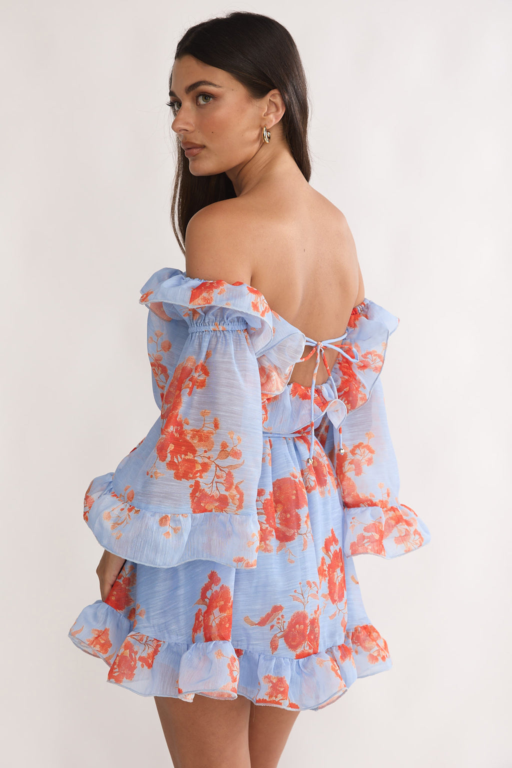 Telora Off-Shoulder Ruffle Mini Dress Floral Blue by Selfie Leslie Australia