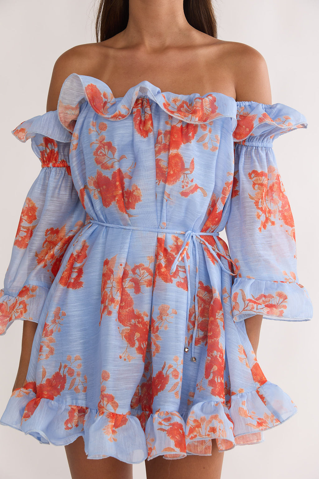 Telora Off-Shoulder Ruffle Mini Dress Floral Blue by Selfie Leslie Australia