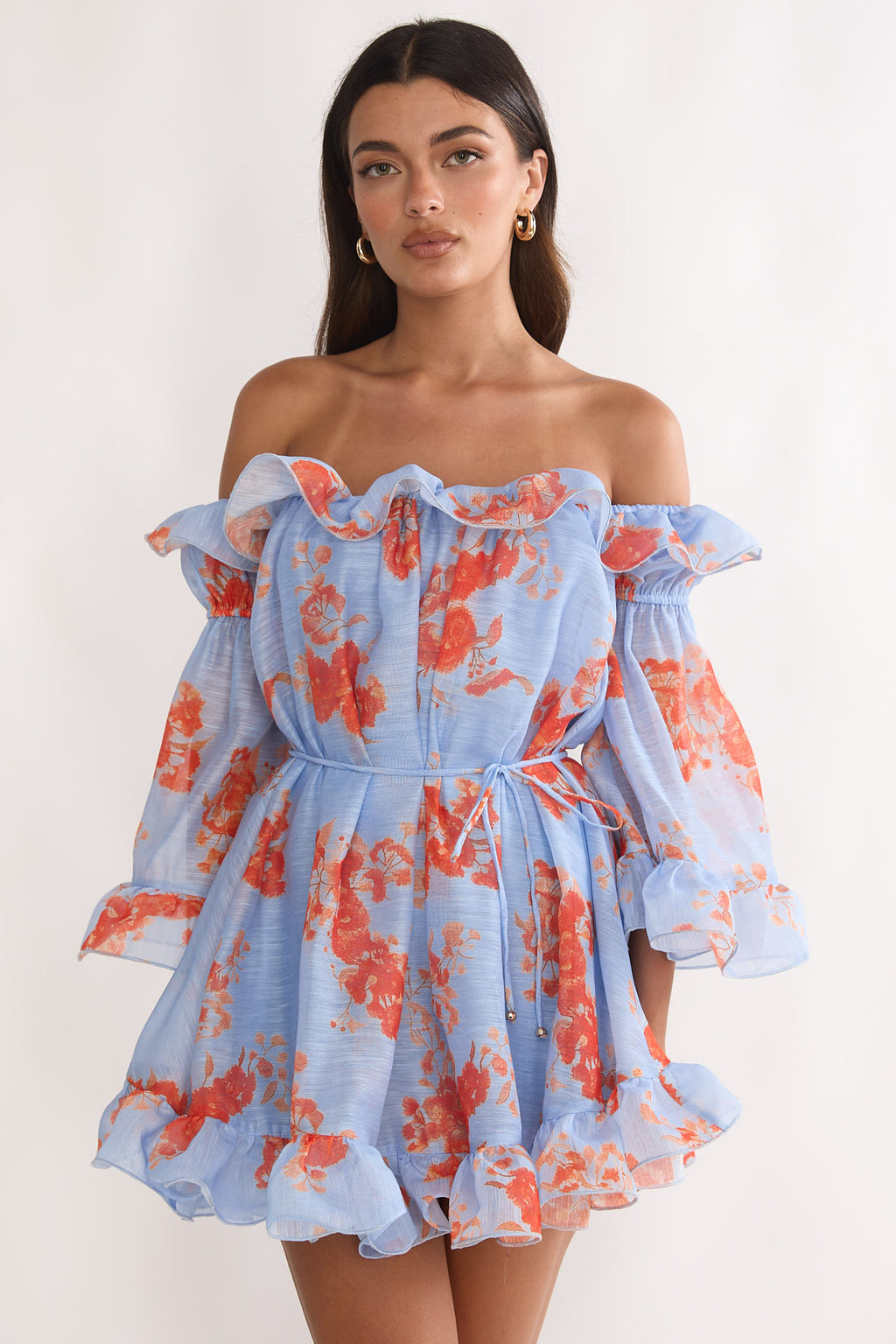 Telora Off-Shoulder Ruffle Mini Dress Floral Blue by Selfie Leslie Australia