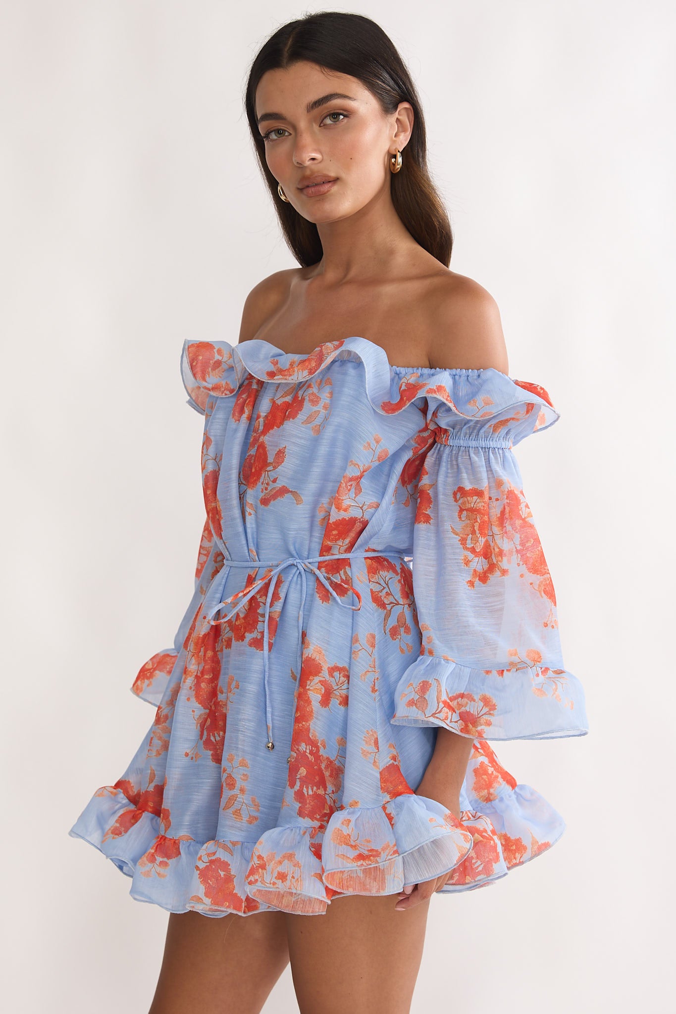 Telora Off-Shoulder Ruffle Mini Dress Floral Blue by Selfie Leslie Australia