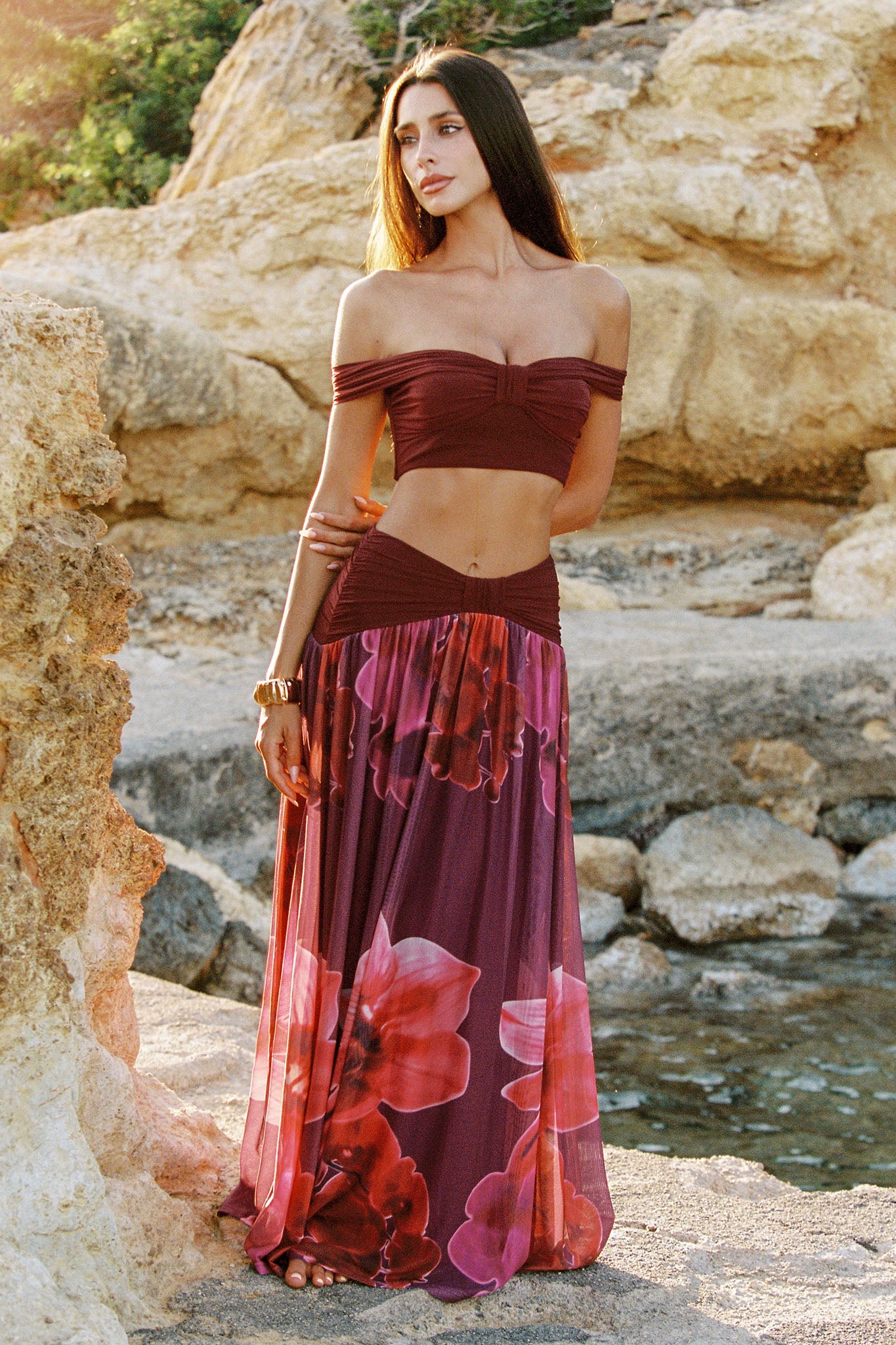 Farela Ruched Waist Maxi Skirt Fuchsia