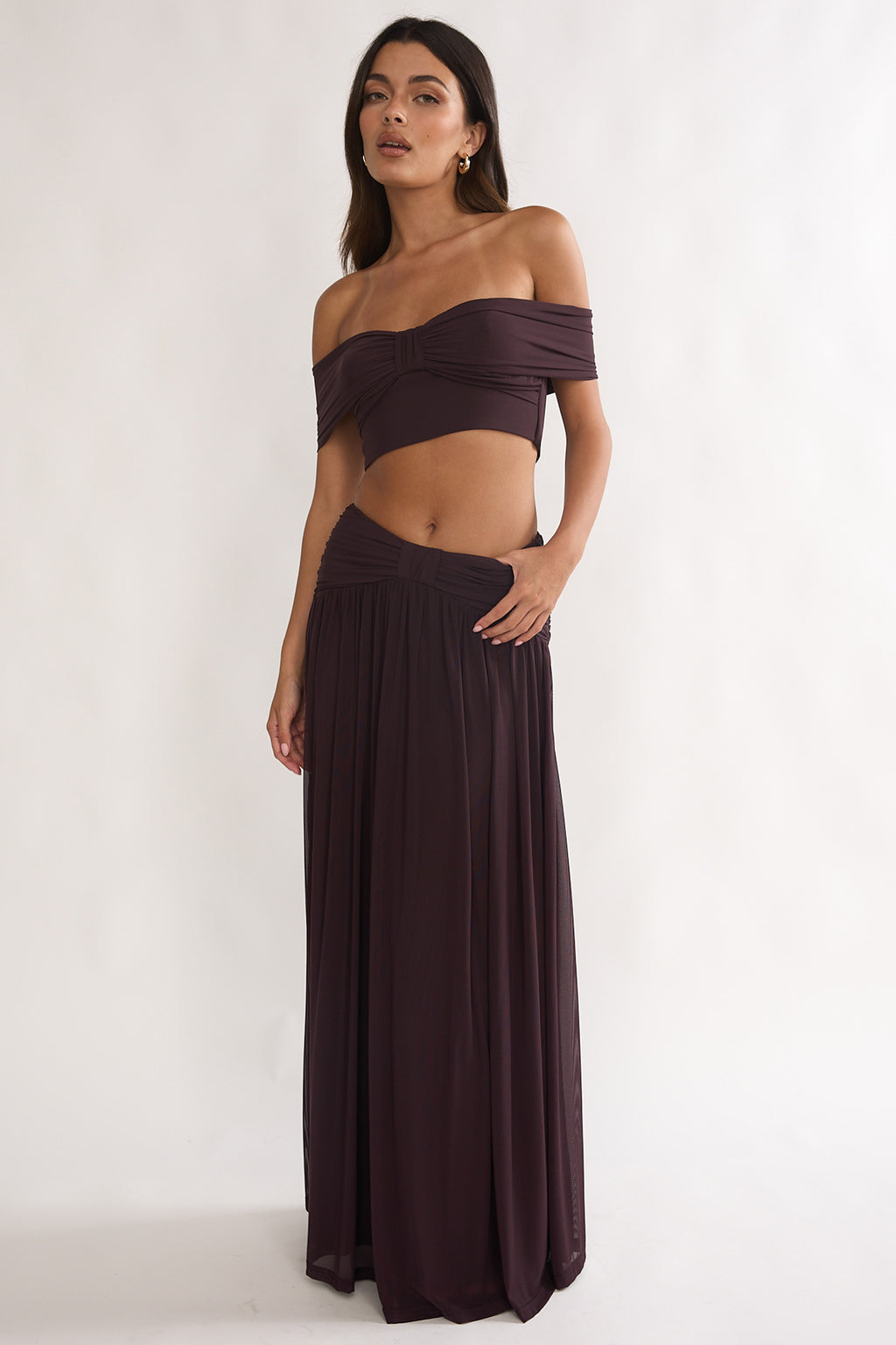 Farela Off-Shoulder Crop Top Coffee by Selfie Leslie Australia
