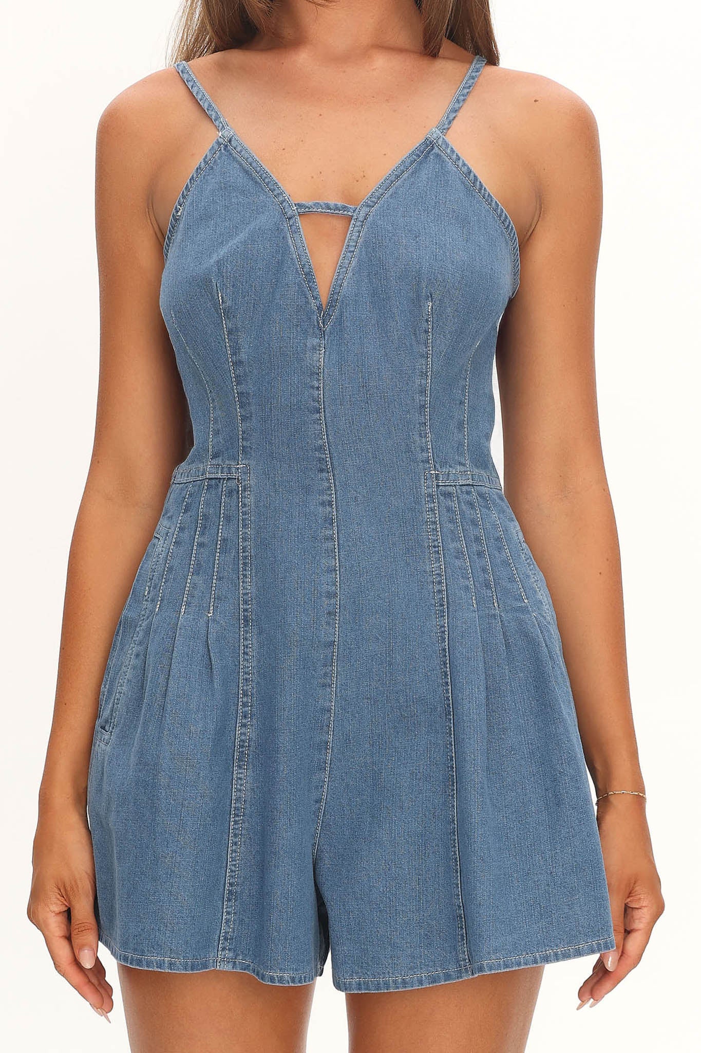 Quira Pintuck Pleat Mini Romper Denim Blue by Selfie Leslie Australia
