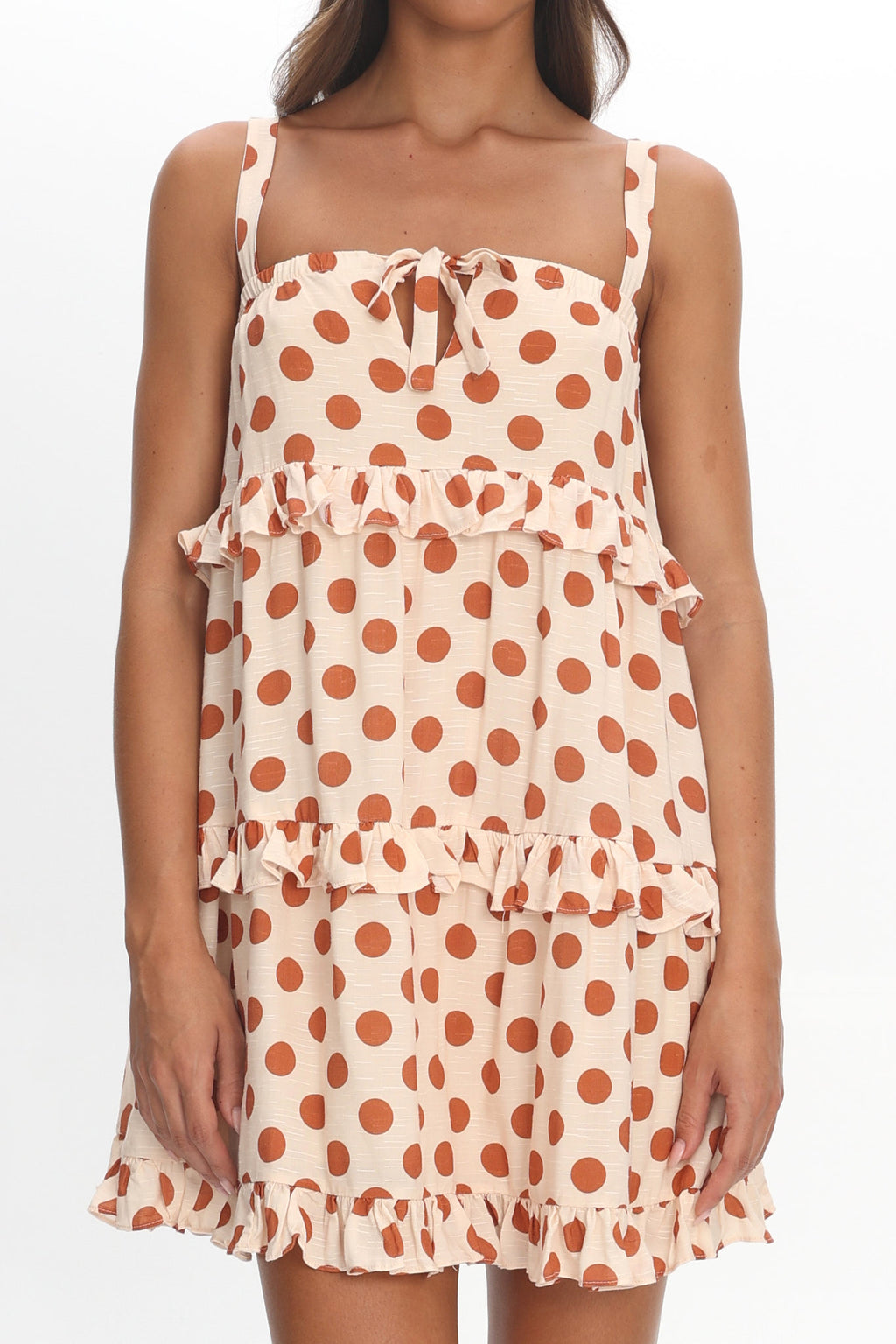Lyndara Frill Trim Mini Dress Polka Dot Cream by Selfie Leslie Australia