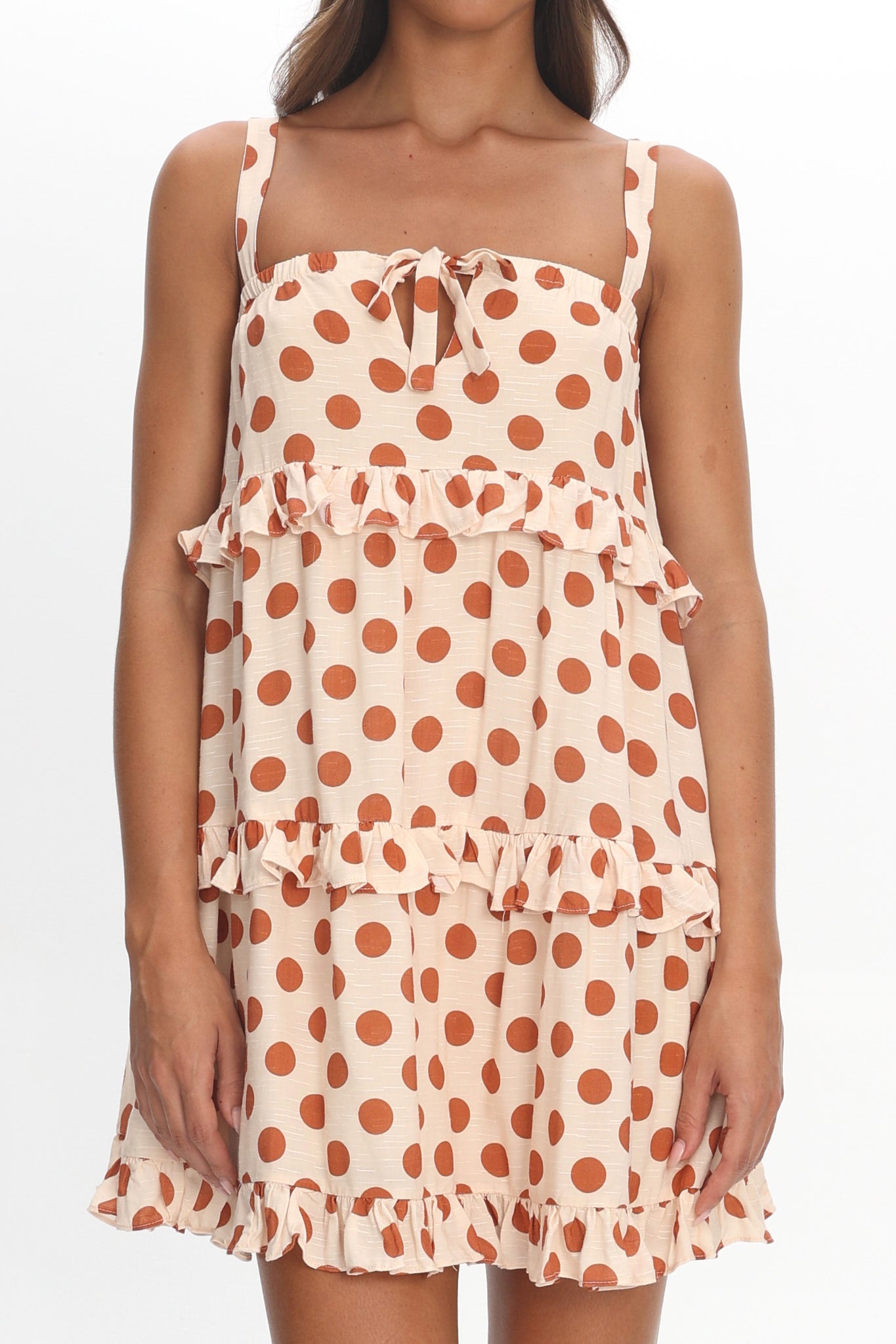 Lyndara Frill Trim Mini Dress Polka Dot Cream by Selfie Leslie Australia