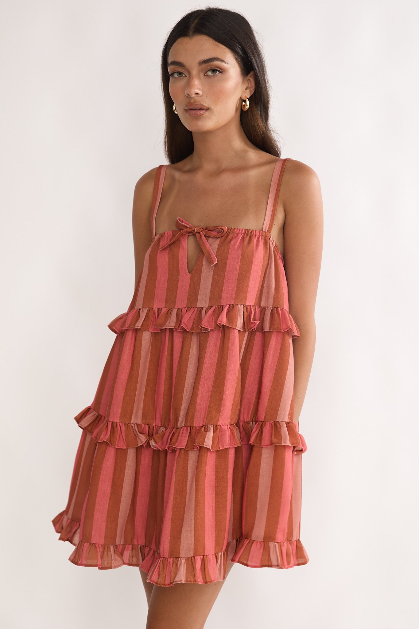Lyndara Frill Trim Mini Dress Stripe Peach by Selfie Leslie Australia