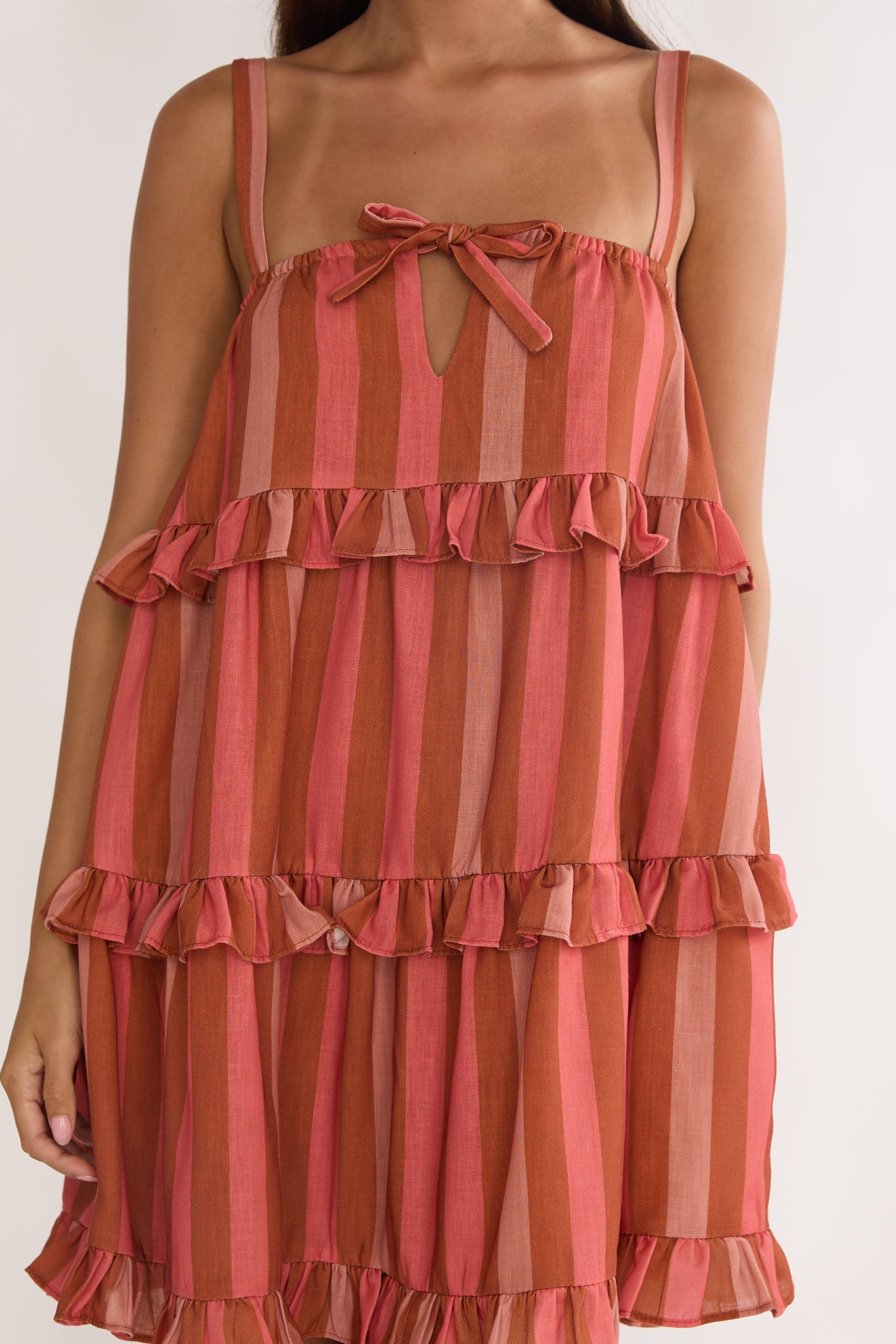 Lyndara Frill Trim Mini Dress Stripe Peach by Selfie Leslie Australia