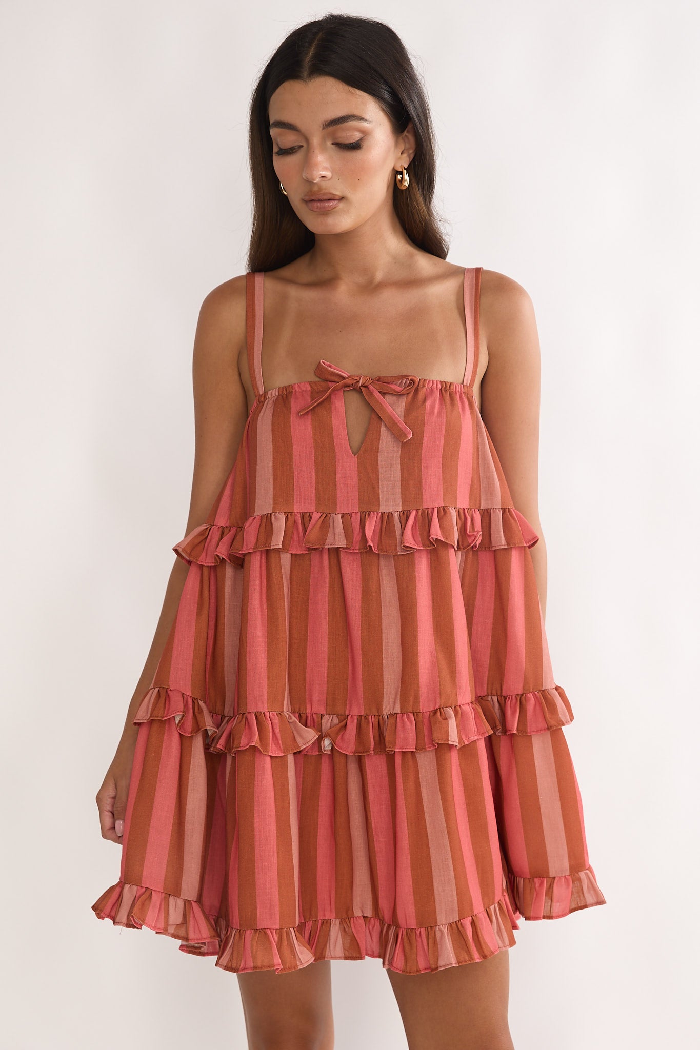 Lyndara Frill Trim Mini Dress Stripe Peach by Selfie Leslie Australia