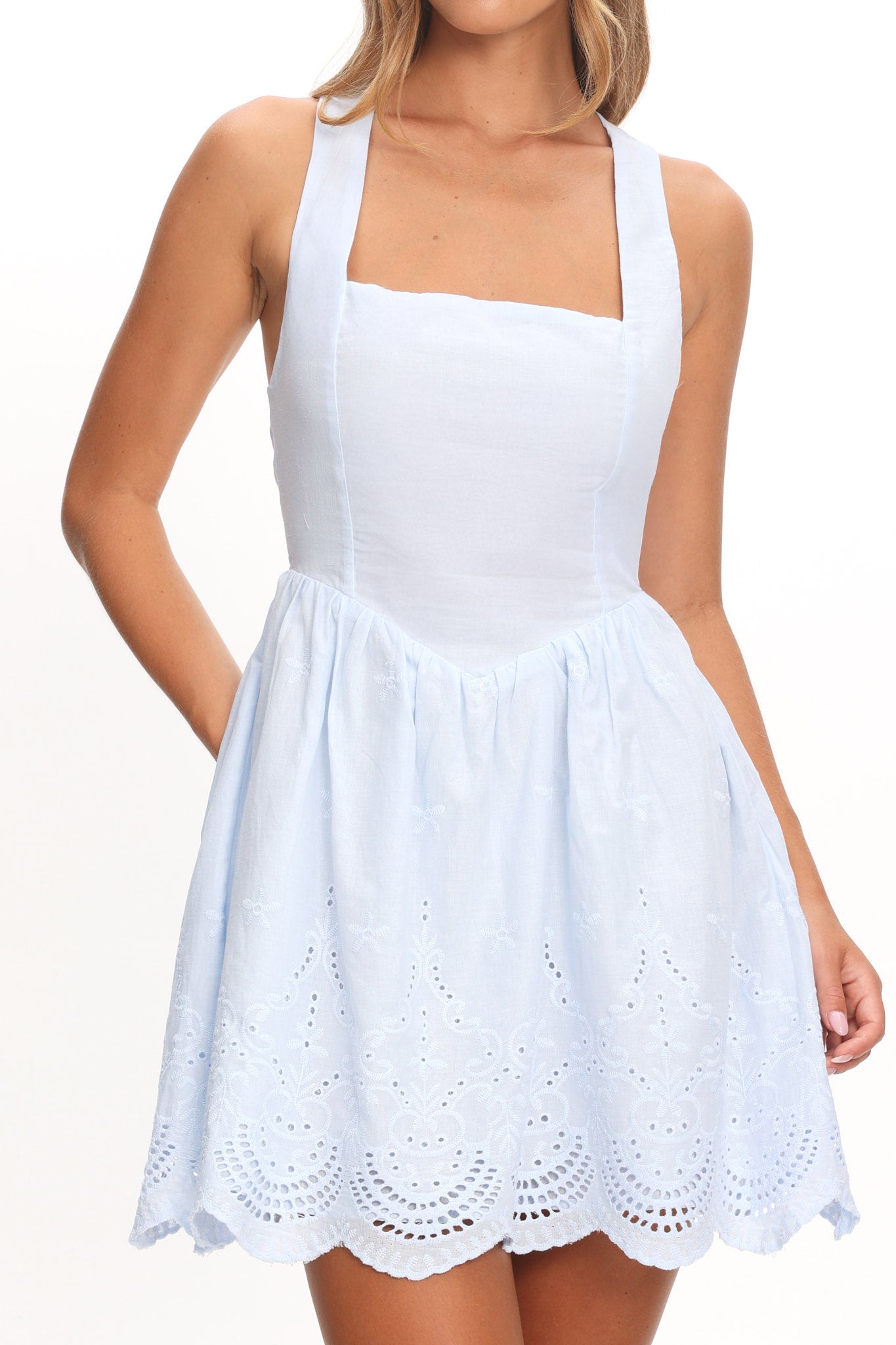 Aveline Eyelet Lace-Up Back Mini Dress Blue by Selfie Leslie Australia