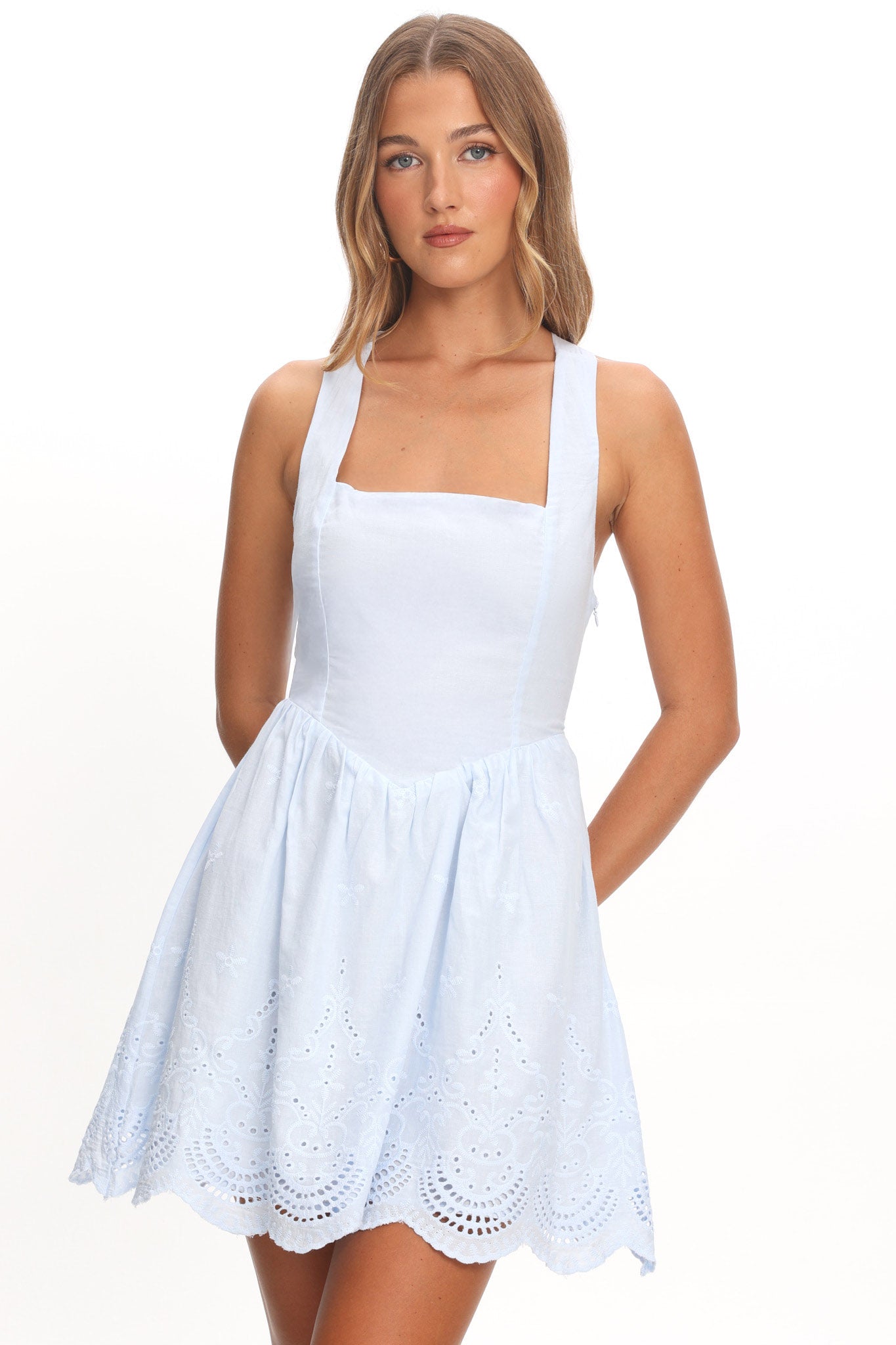 Aveline Eyelet Lace-Up Back Mini Dress Blue by Selfie Leslie Australia