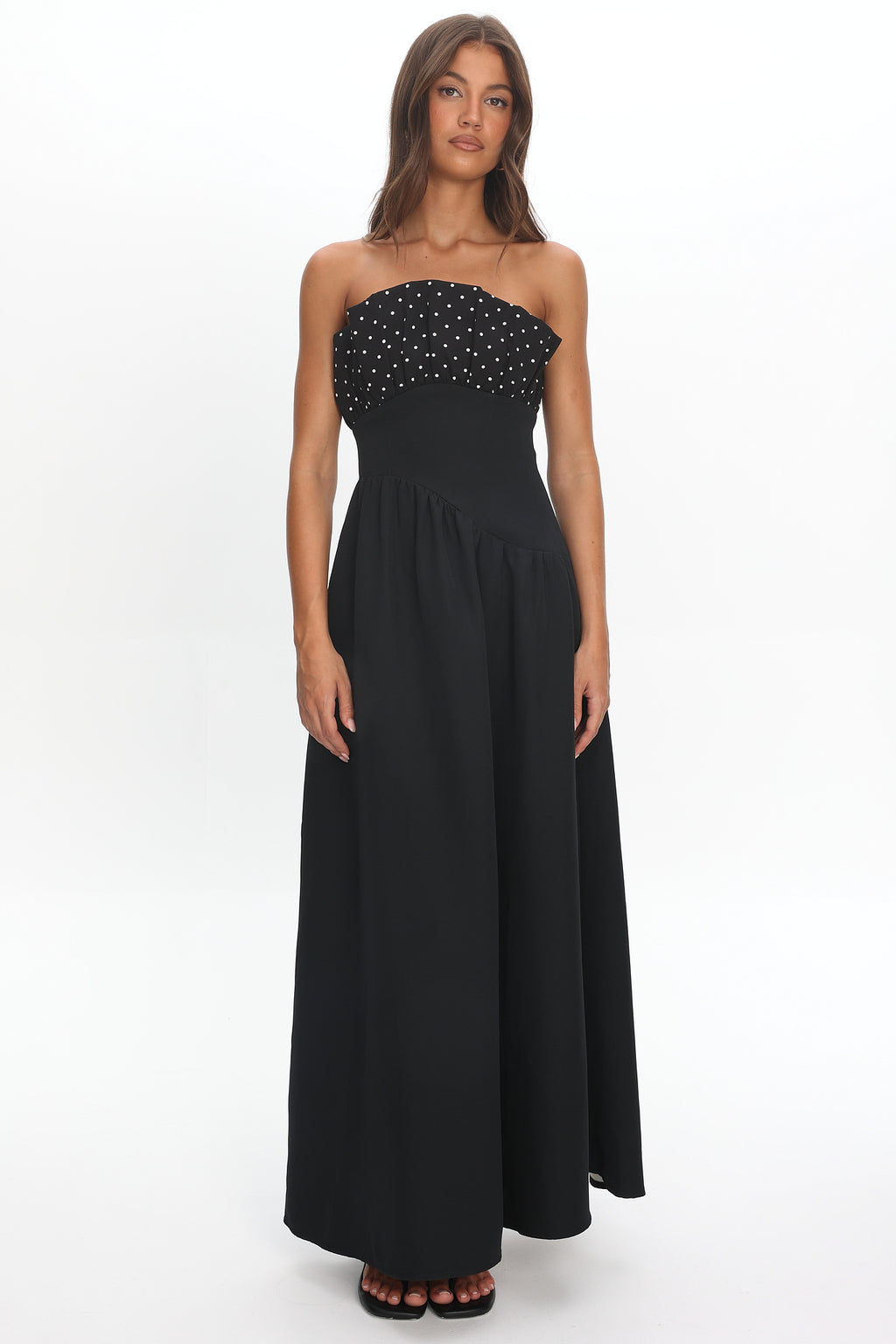 Illianah Frill Bust Asymmetric Hem Maxi Dress Black by Selfie Leslie Australia